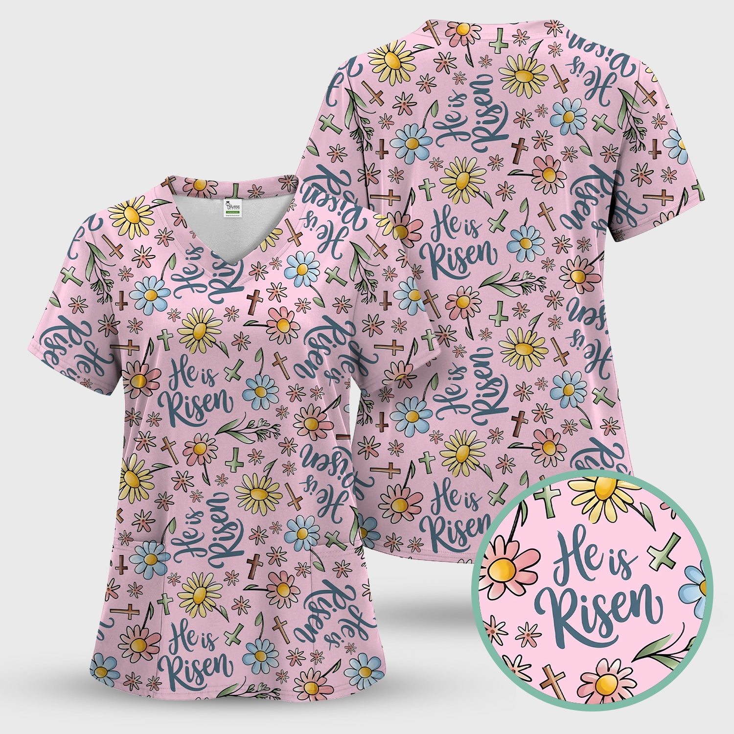 He Is Risen Cross Flower Pattern Scrub Set, Nurse Uniform Scrubs Set