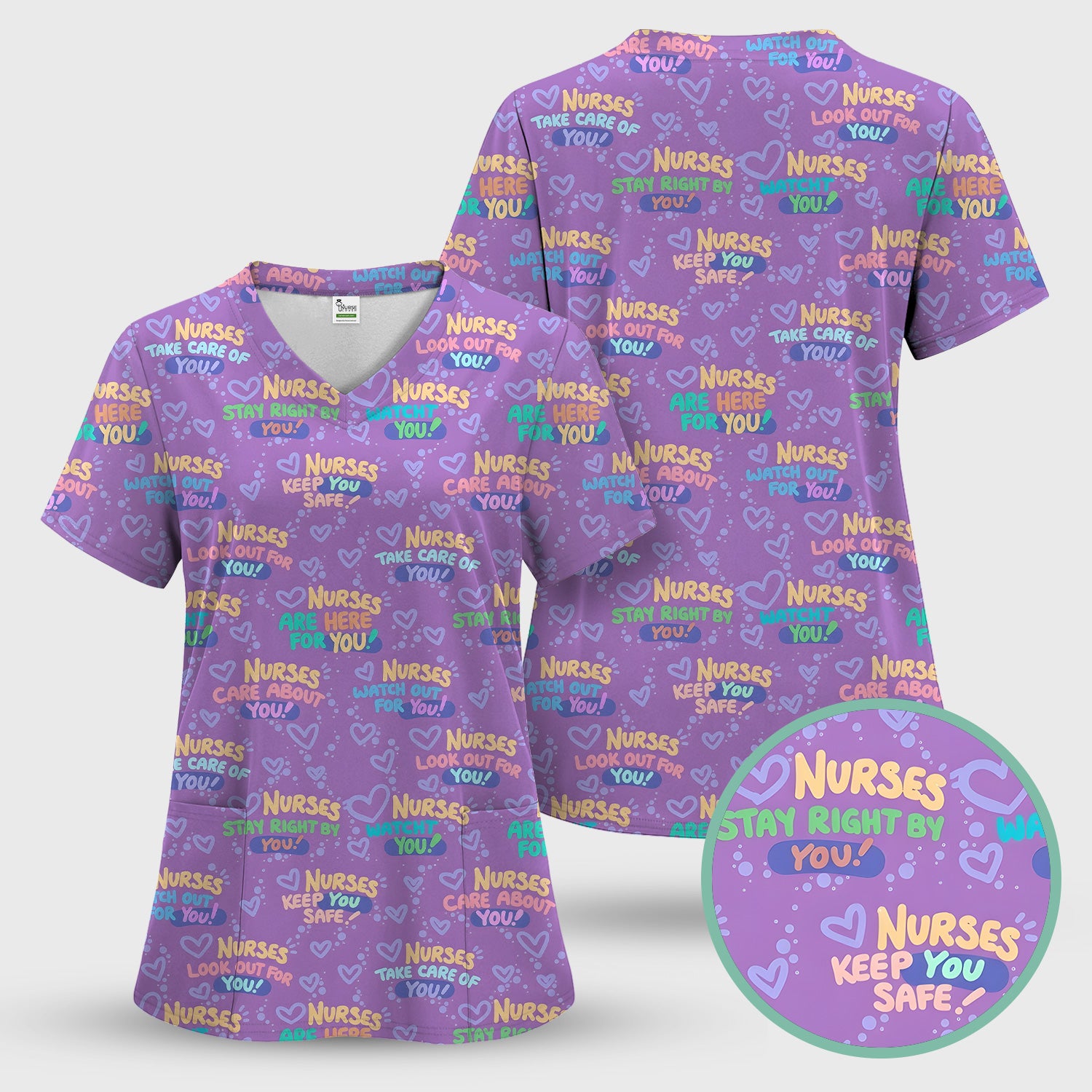 Inspirational Nurse Quote Care Message Pattern Scrub Set, Scrub Pants and V Neck Top