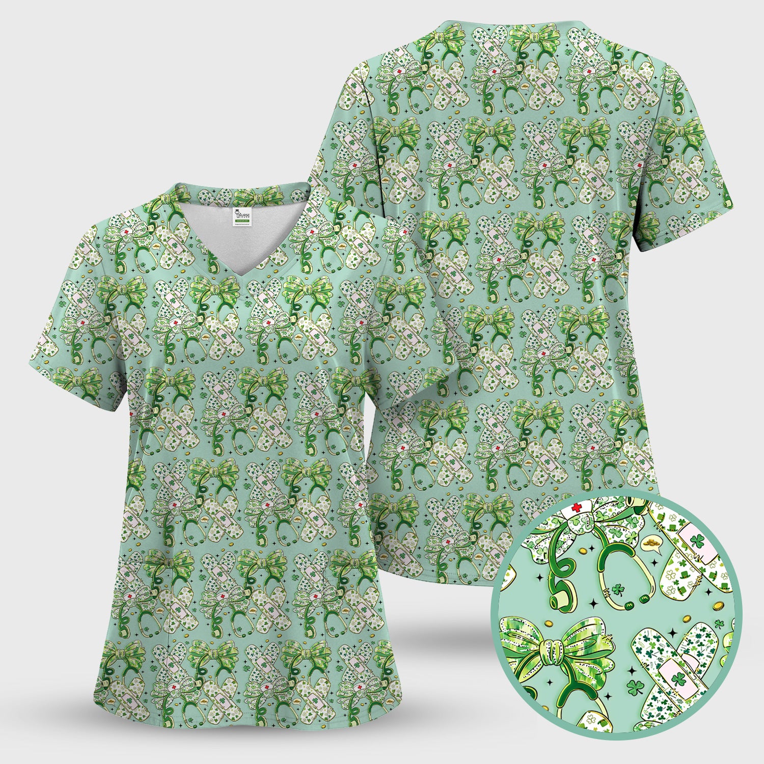 St Patrick Shamrock Stethoscope Bow Print Scrub Set, Breathable Med Uniform
