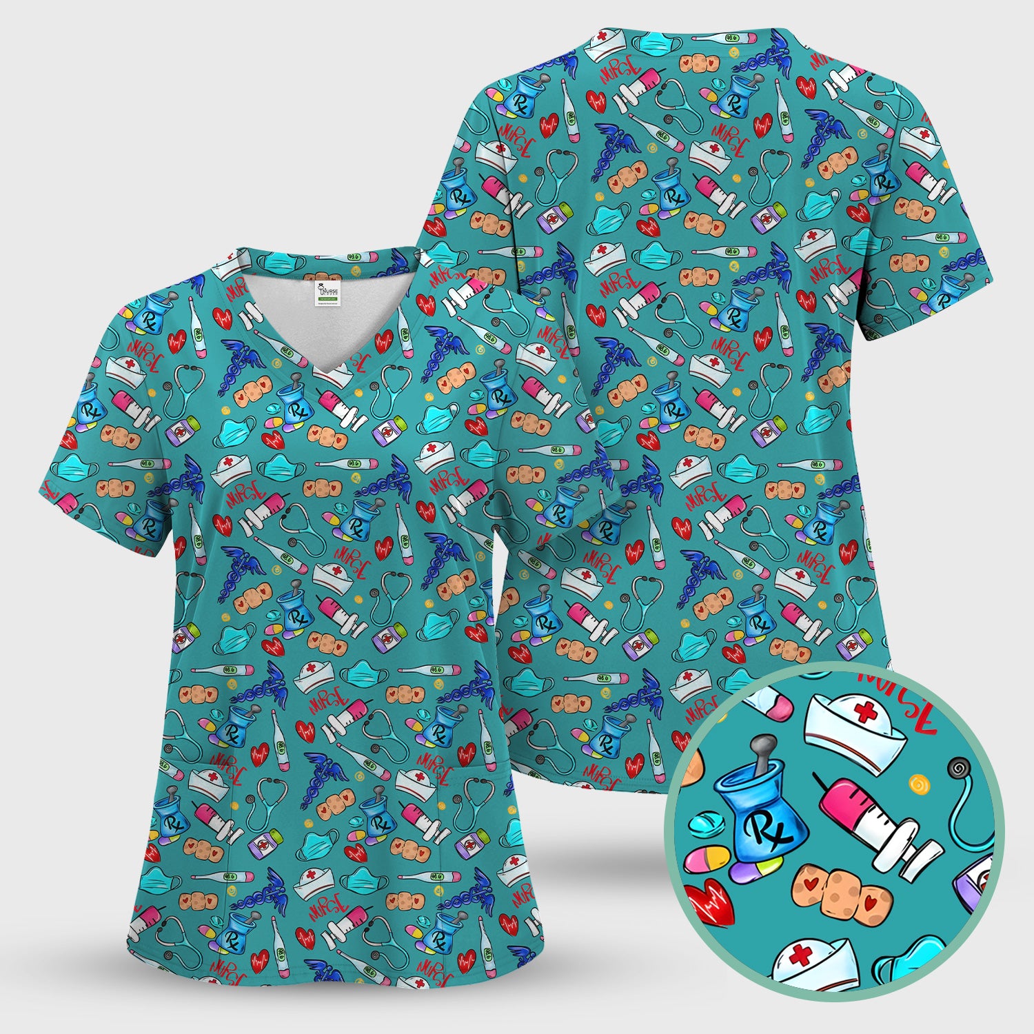Nurse Medical Icons Stethoscope Heart Pattern Scrub Top, Comfortable Scrubs for Nurses