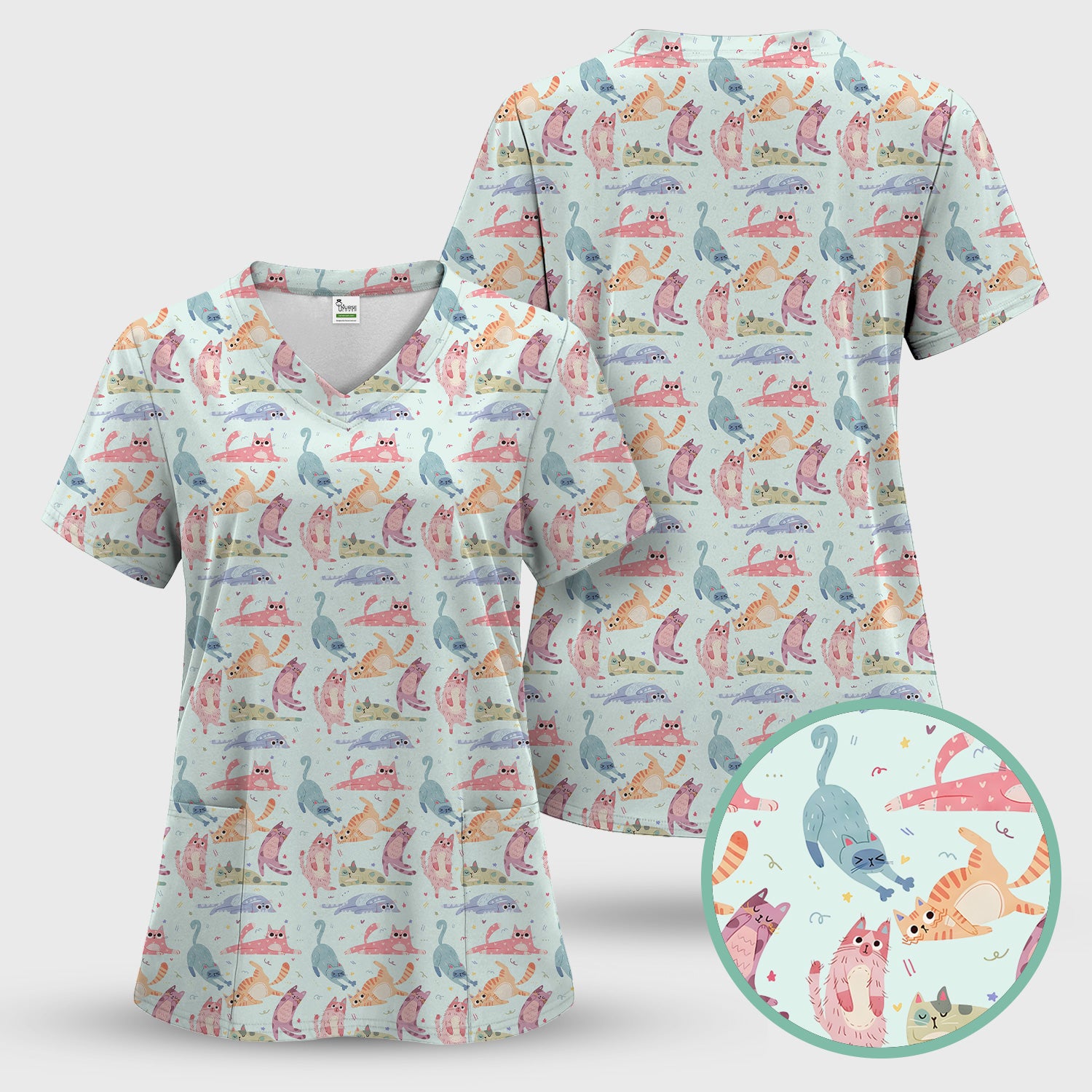 Funny Pastel Cat Pattern Medical Scrub Top, Breathable Fabrics Nursing Uniform