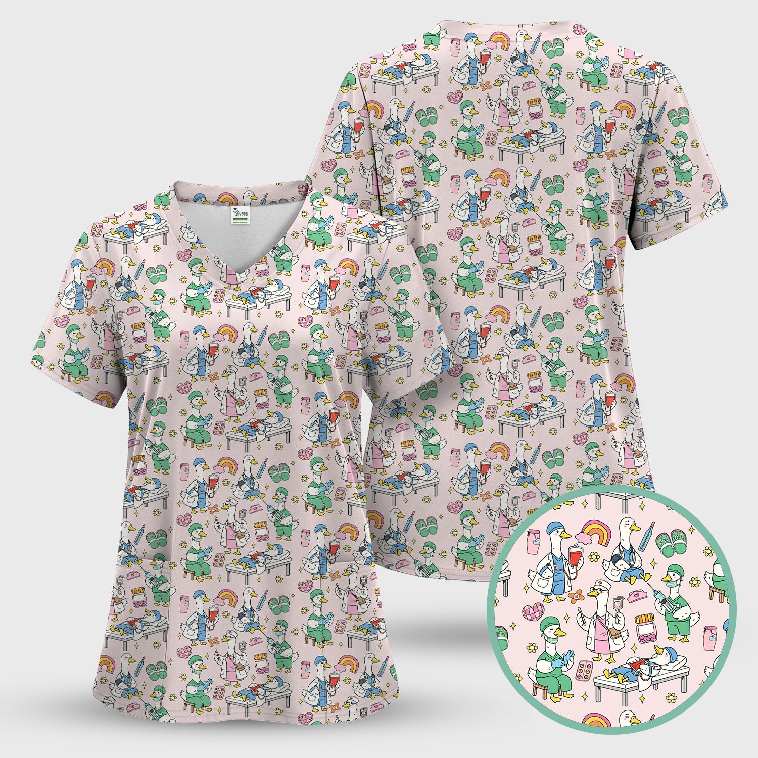 Funny Nurse Duck Medical Doodle Pattern Scrub Top, Comfortable Nurse Workwear Top