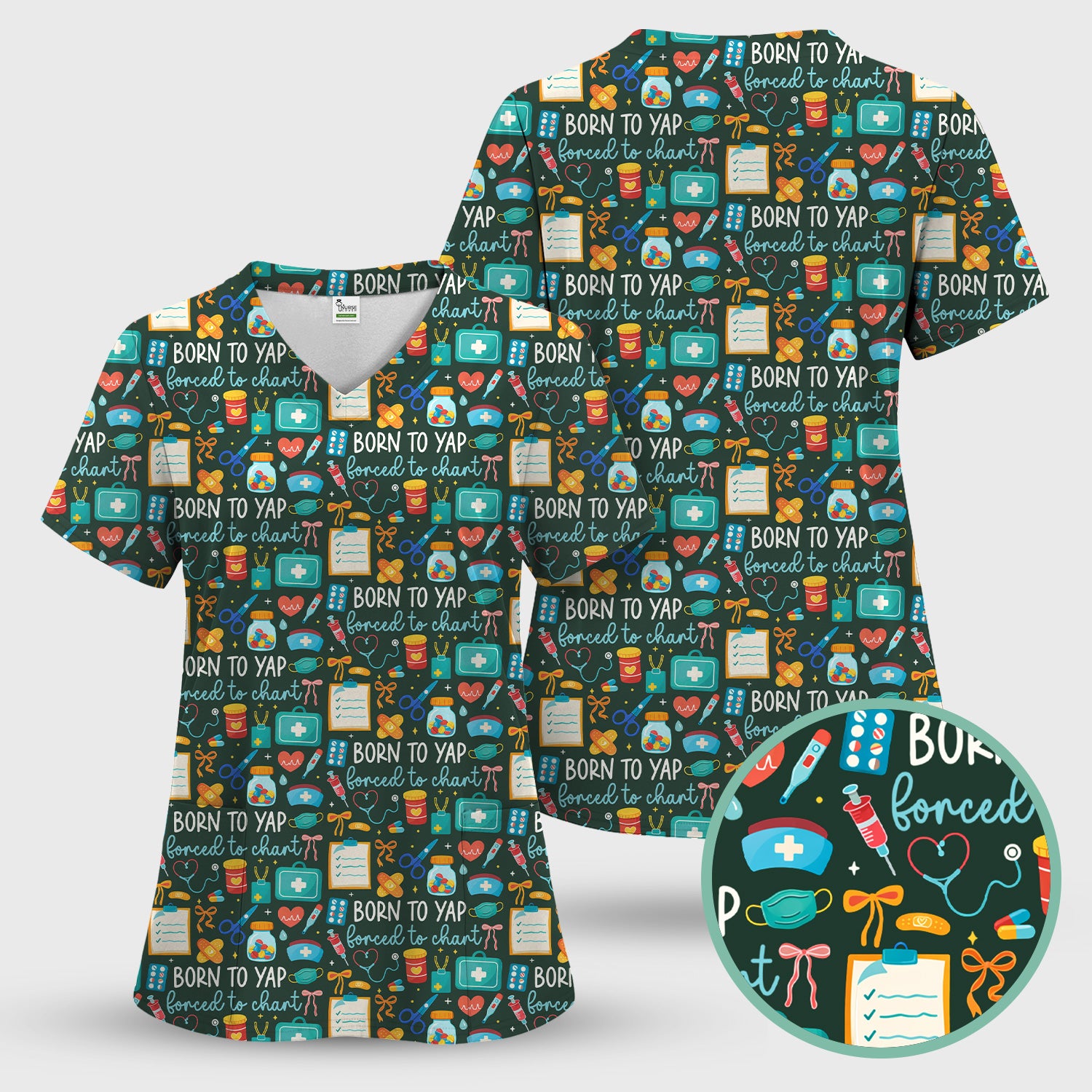 Born To Yap Medical Tools Pattern Scrub Top, Comfortable Scrubs for Nurses