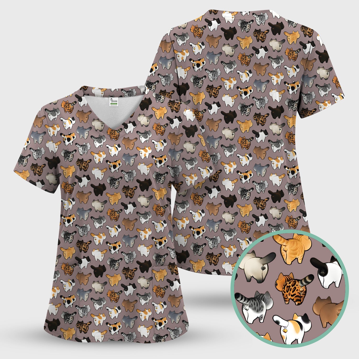 Cat Butt Pattern Medical Scrub Top, Breathable Fabrics Nursing Uniform