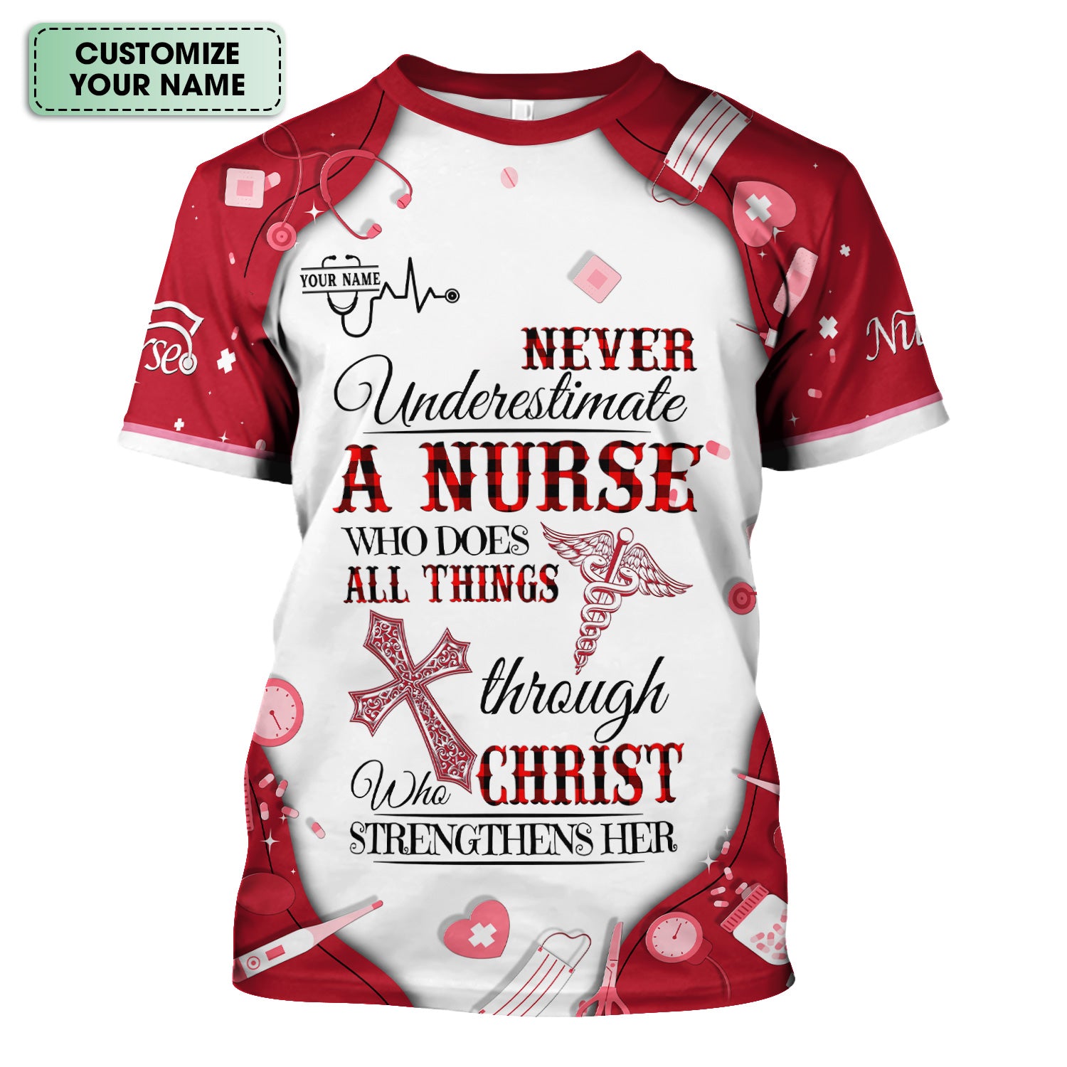 Faith-Based Personalized Nursing Scrub for Women - Bible Verse All Things Through Christ - Gift for RN, LPN, CNA Healthcare Professionals