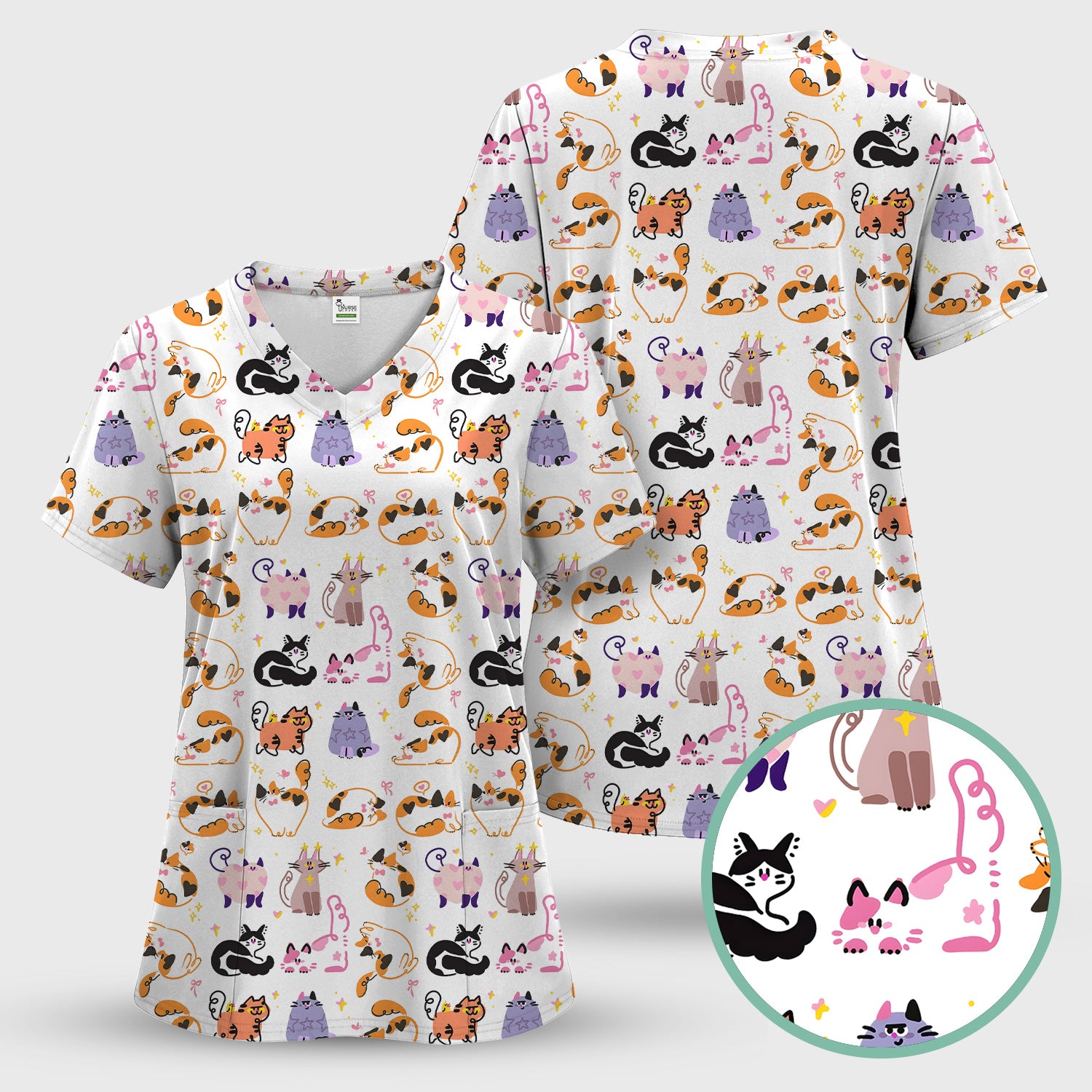Funny Cat Pattern Scrub Top, Cute Cats Nursing Uniform For Women