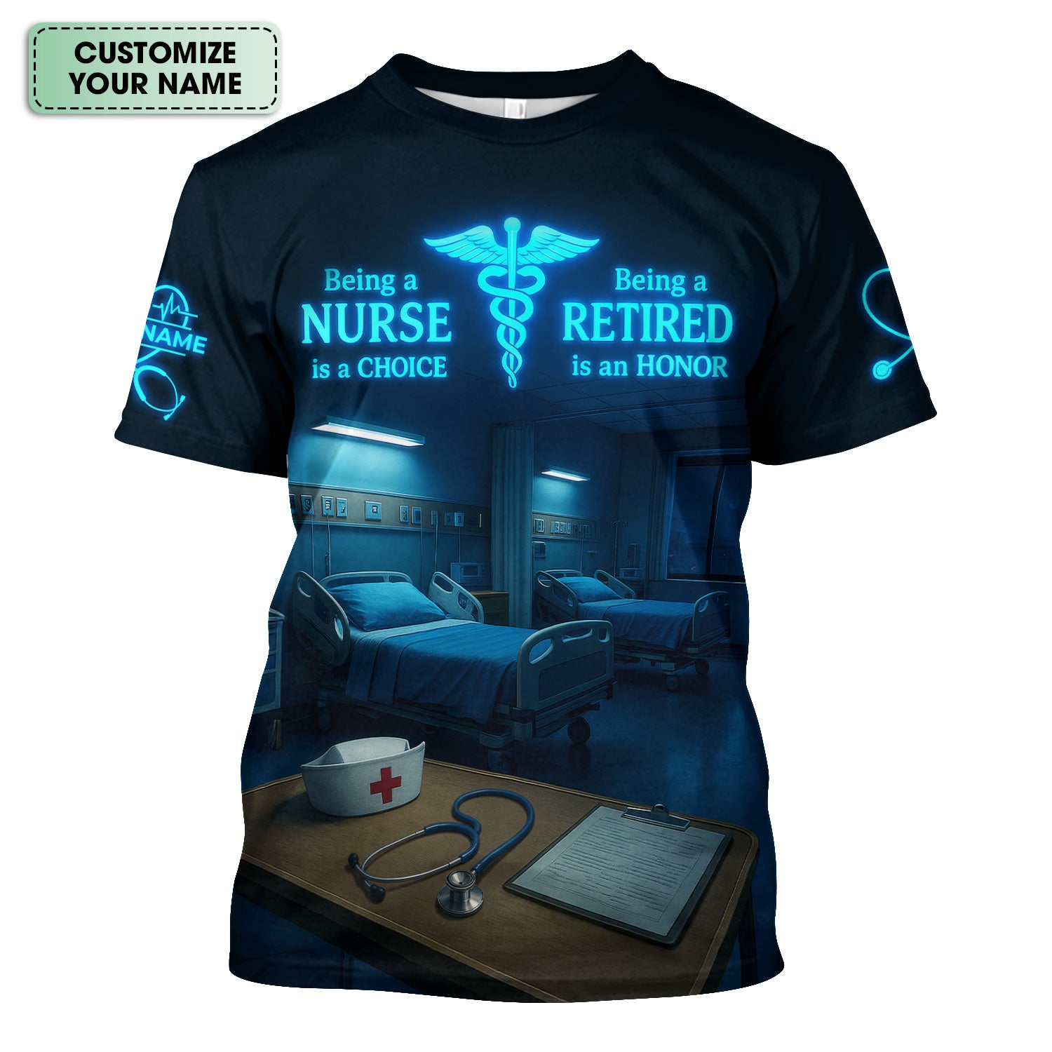 Personalized Nurse Scrub for Retired RN LPN CNA - Neon Glow Hospital Room Design - Thoughtful Retirement Gift for Medical Staff