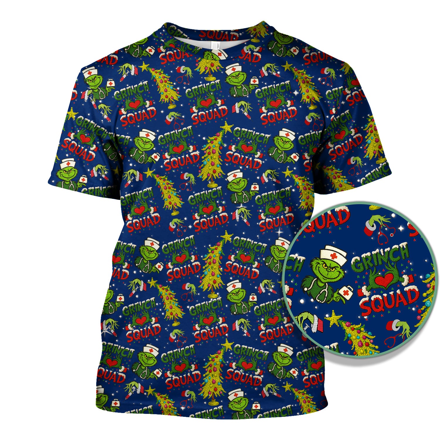 Grinch Squad Christmas Scrub Shirt - Funny Holiday Scrub Top for Nurses - Multi Color Nursing Work Shirt with Pockets