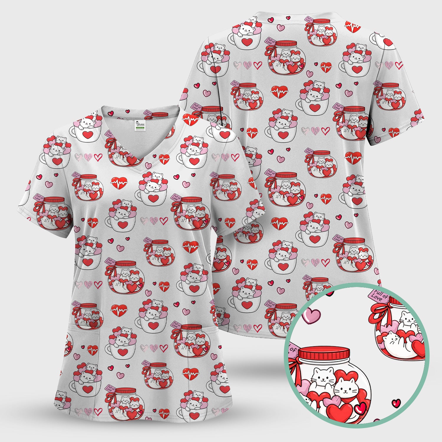 Cute Cat Valentine Nurse Scrub Top, Comfortable Scrubs for Nurses