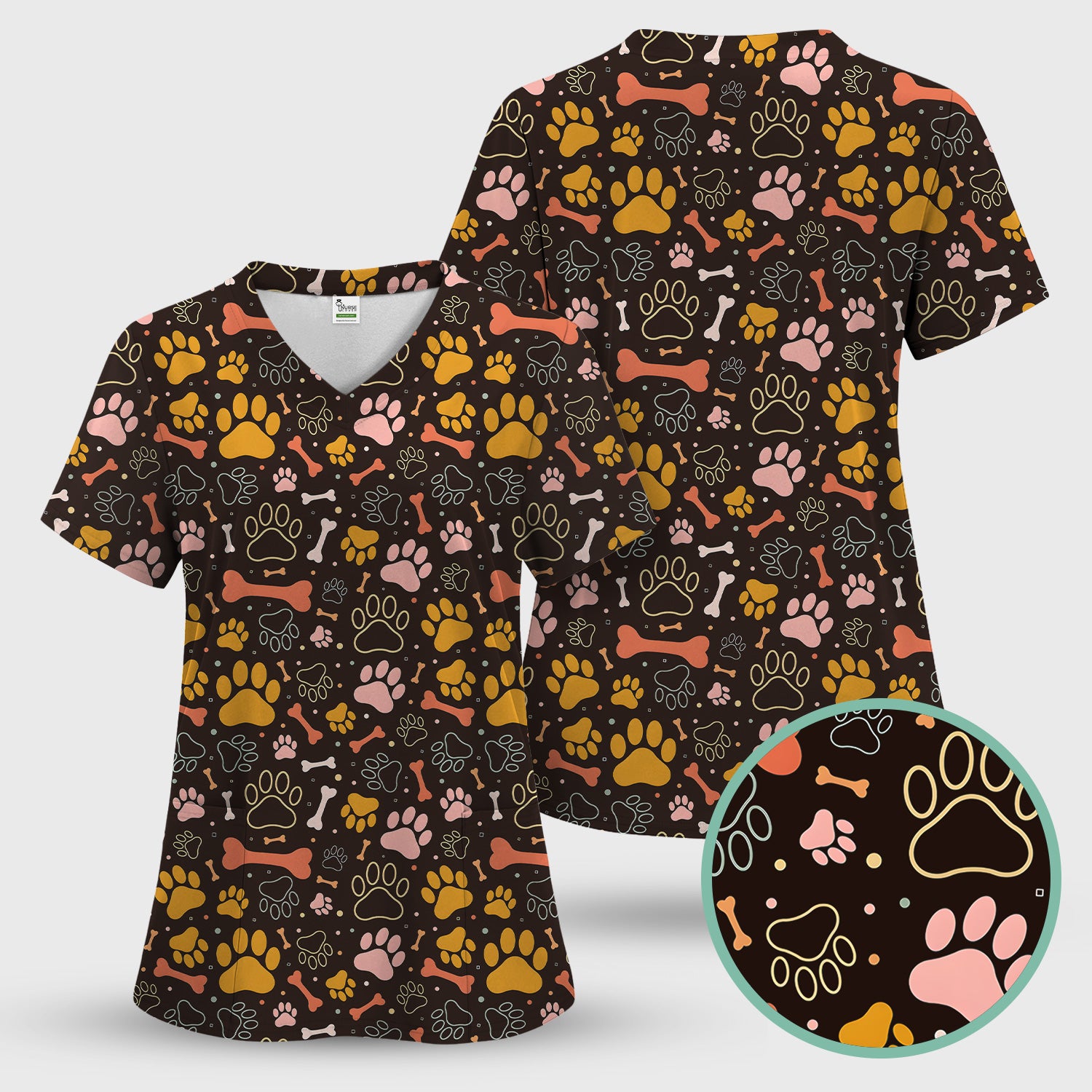 Cute Paw Print Dog Pattern Scrub Top, Comfortable Scrubs for Nurses
