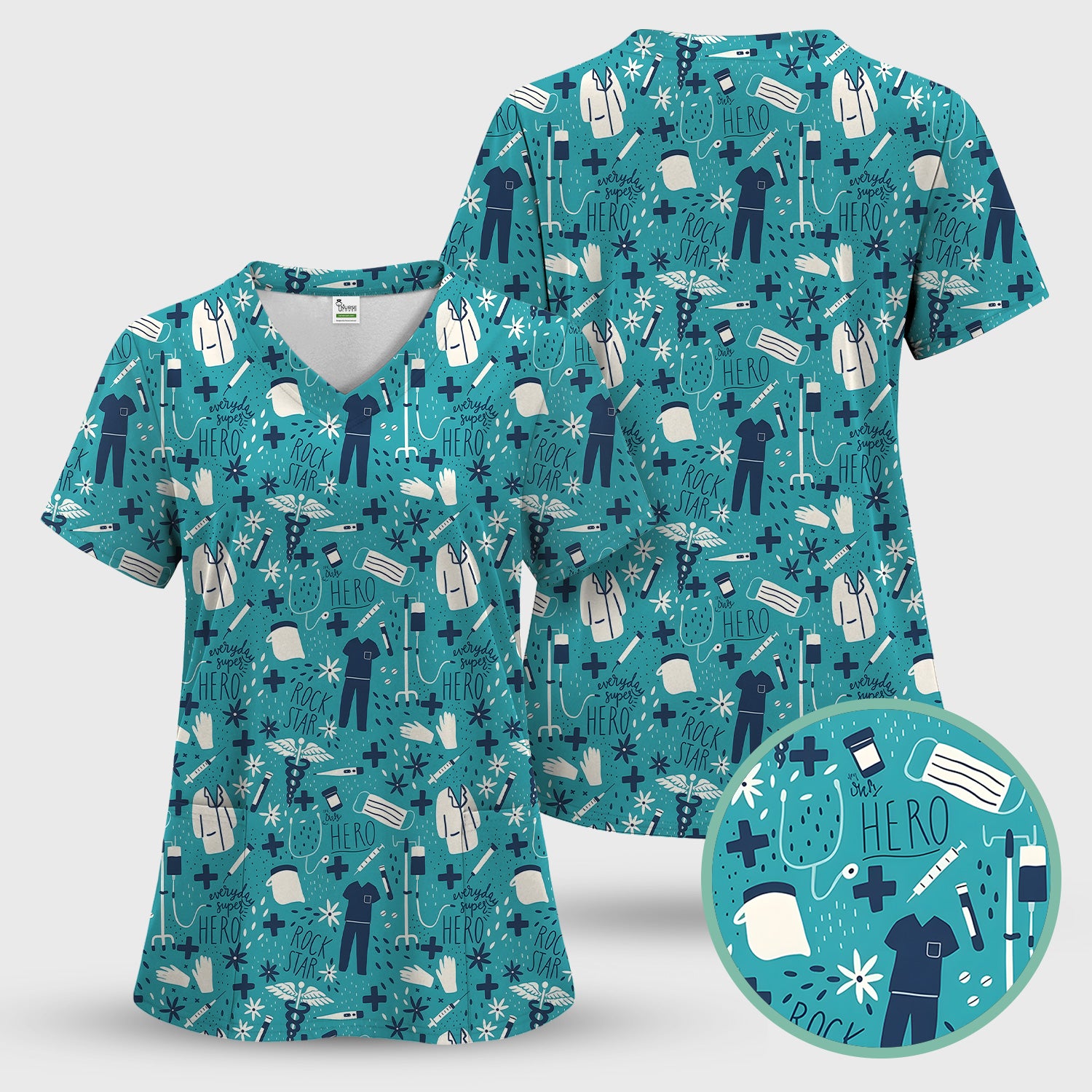 Inspirational Healthcare Hero Medical Tools Nurse Pattern Scrub Set, Scrub Pants and V Neck Top