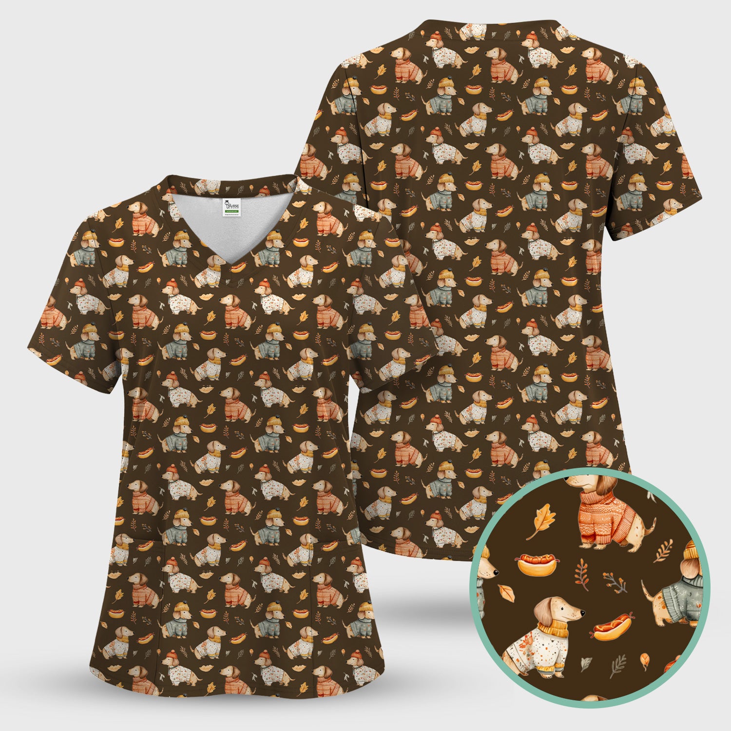 Autumn Dachshund Dog Sweater Print Scrub Top, Comfortable Scrubs for Nurses