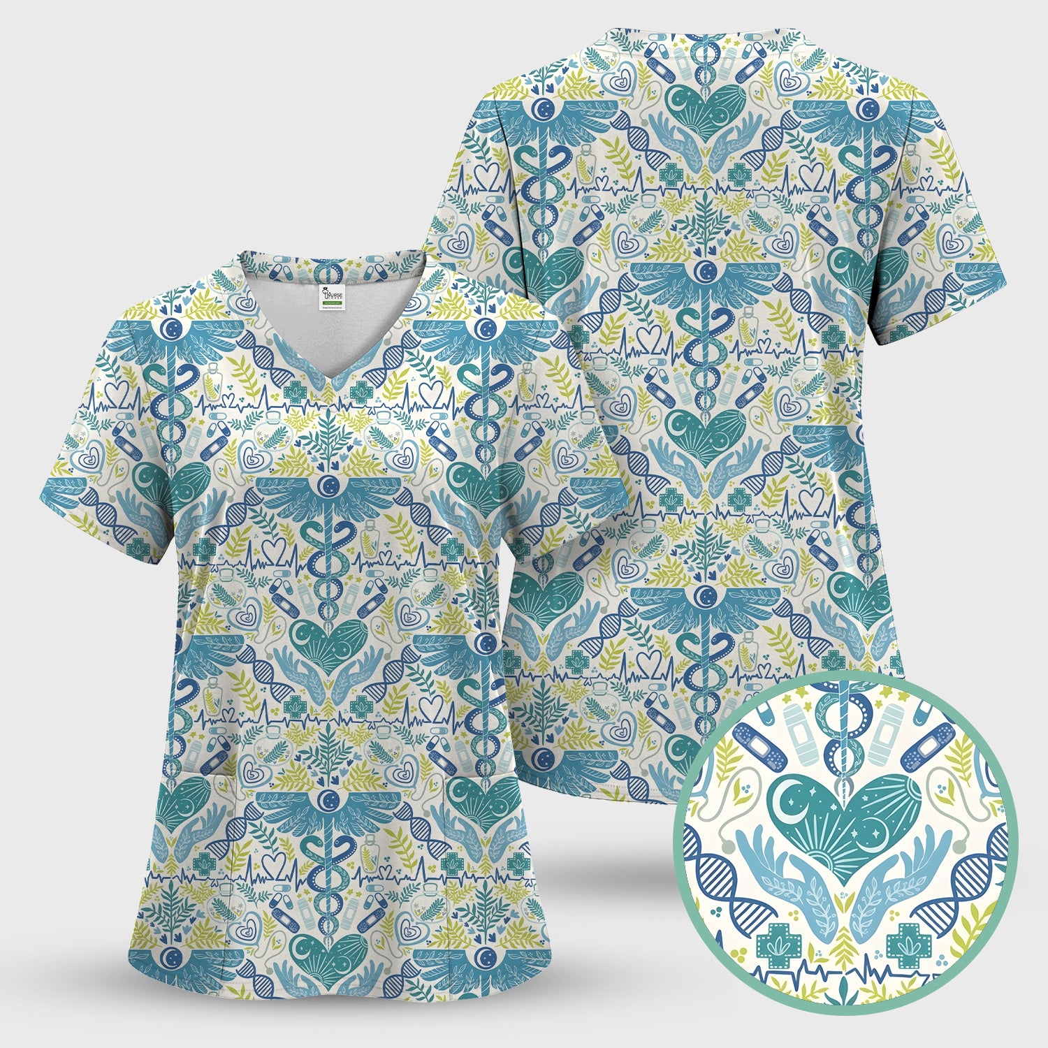 Inspirational Botanical Medical Caduceus Heart Nurse Pattern Scrub Set, Breathable Med Uniform