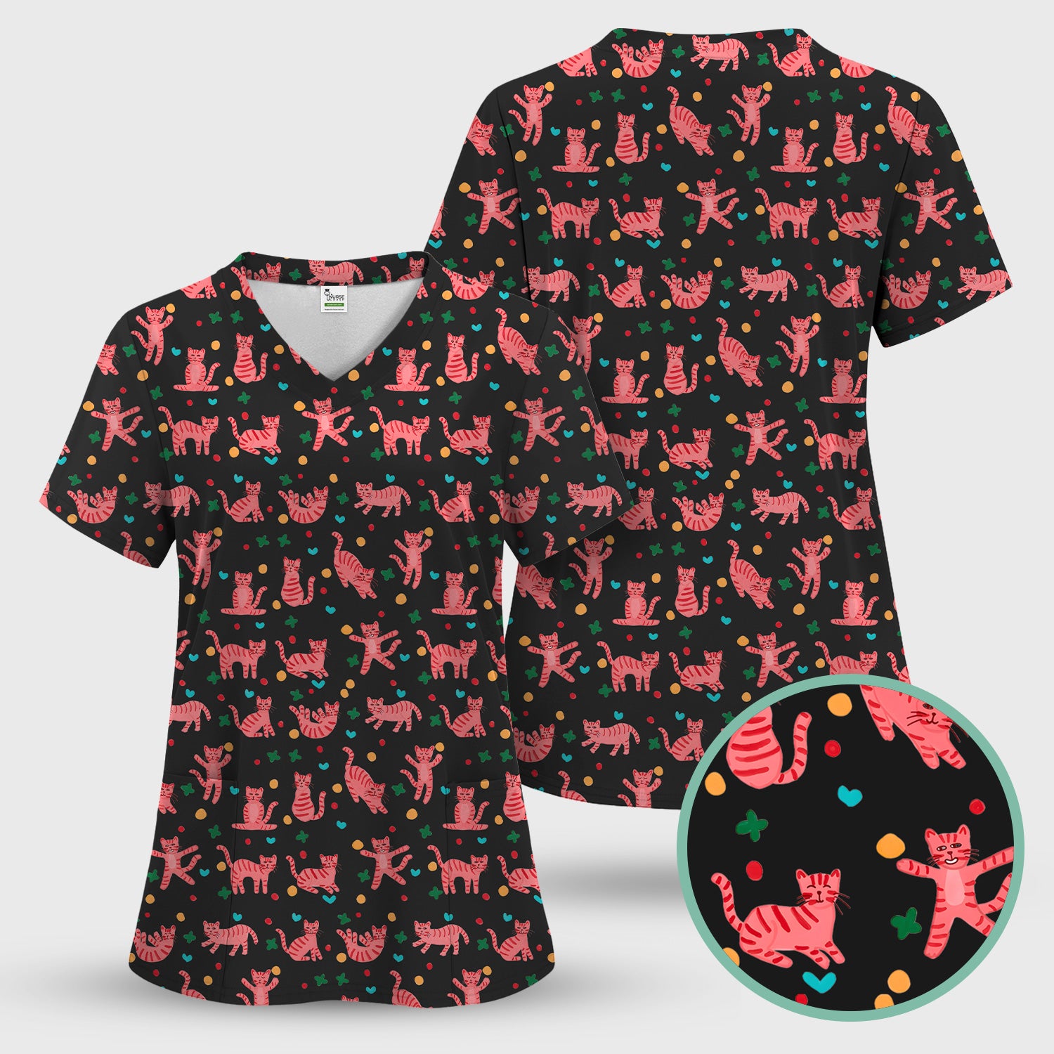 Cute Pink Cat Pattern Scrub Top, Comfortable Scrubs for Nurses