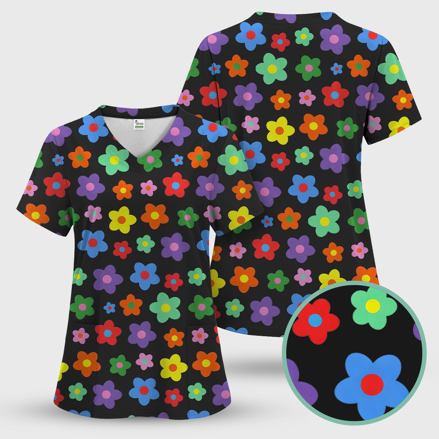 Colorful Retro Flower Pattern Print Scrub Top, Breathable Fabrics Nursing Uniform