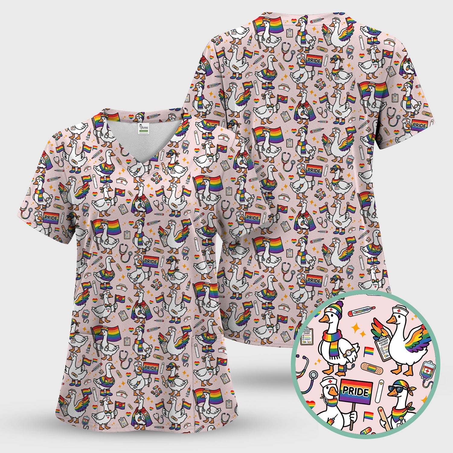 LGBT Pride Nurse Duck Pattern Scrub Top, Breathable Fabrics Nursing Uniform