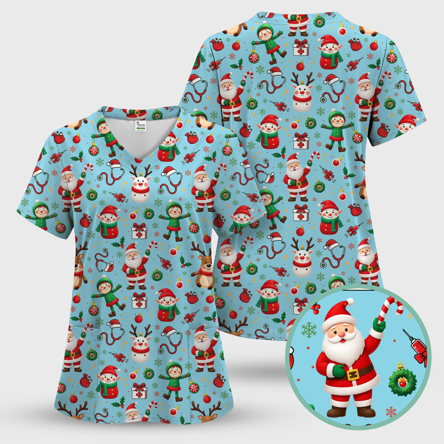 Christmas Scrub Top for Nurse - Cute Santa Elf Reindeer Medical Shirt - Festive Holiday Scrubs for Women RN CNA LPN Gift