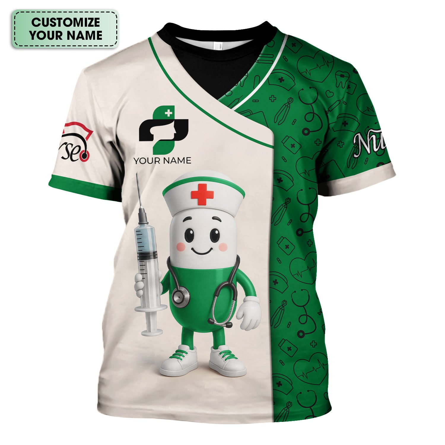 Personalized Medical Nurse Shirt - Cute Pill Cartoon Doctor with Syringe Stethoscope Design - Custom Name Gift for RN LPN CNA Multiple Color Options Available