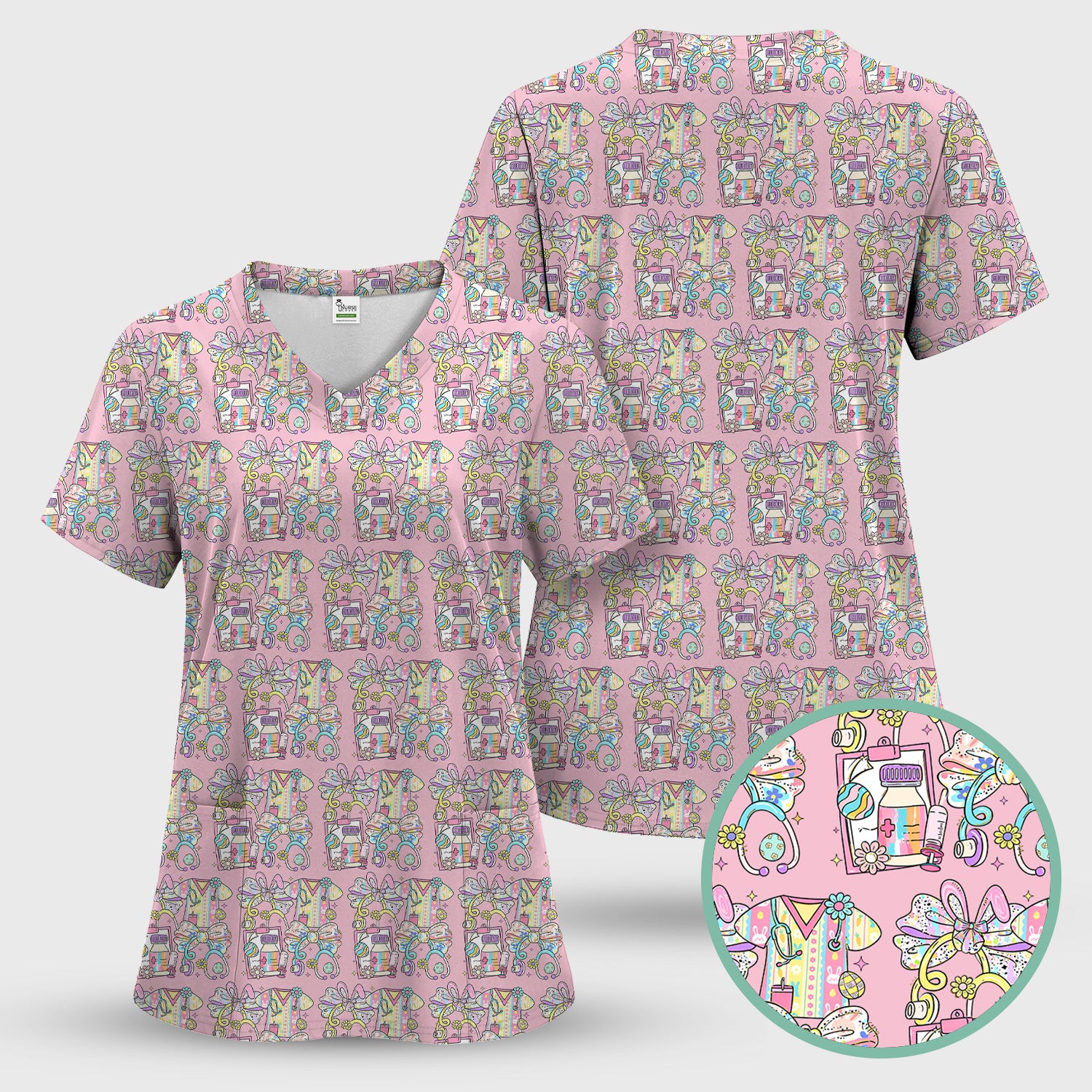 Colorful Nurse Scrub Supplies Pattern Scrub Top, Breathable Fabrics Nursing Uniform