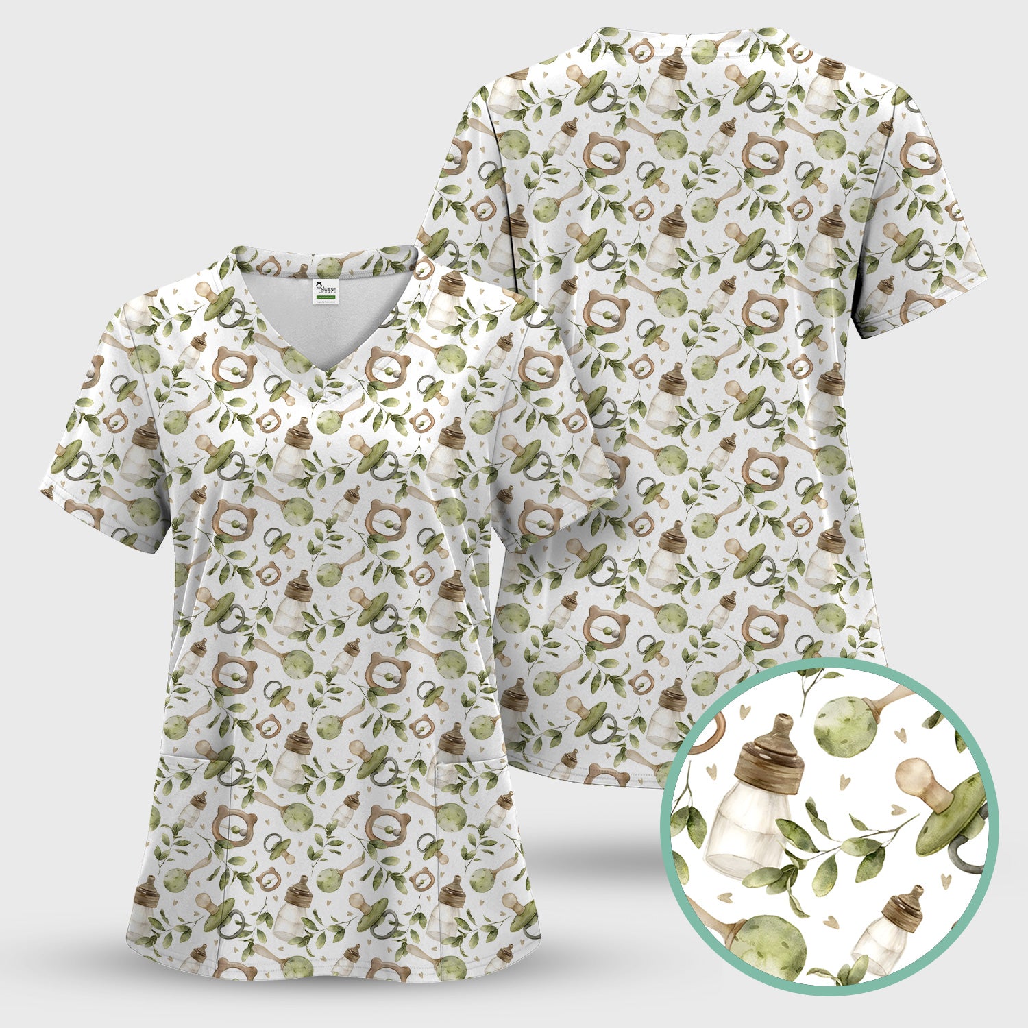 Cute Baby Bottle and Greenery Pattern Scrub Top, Breathable Fabrics Nursing Uniform
