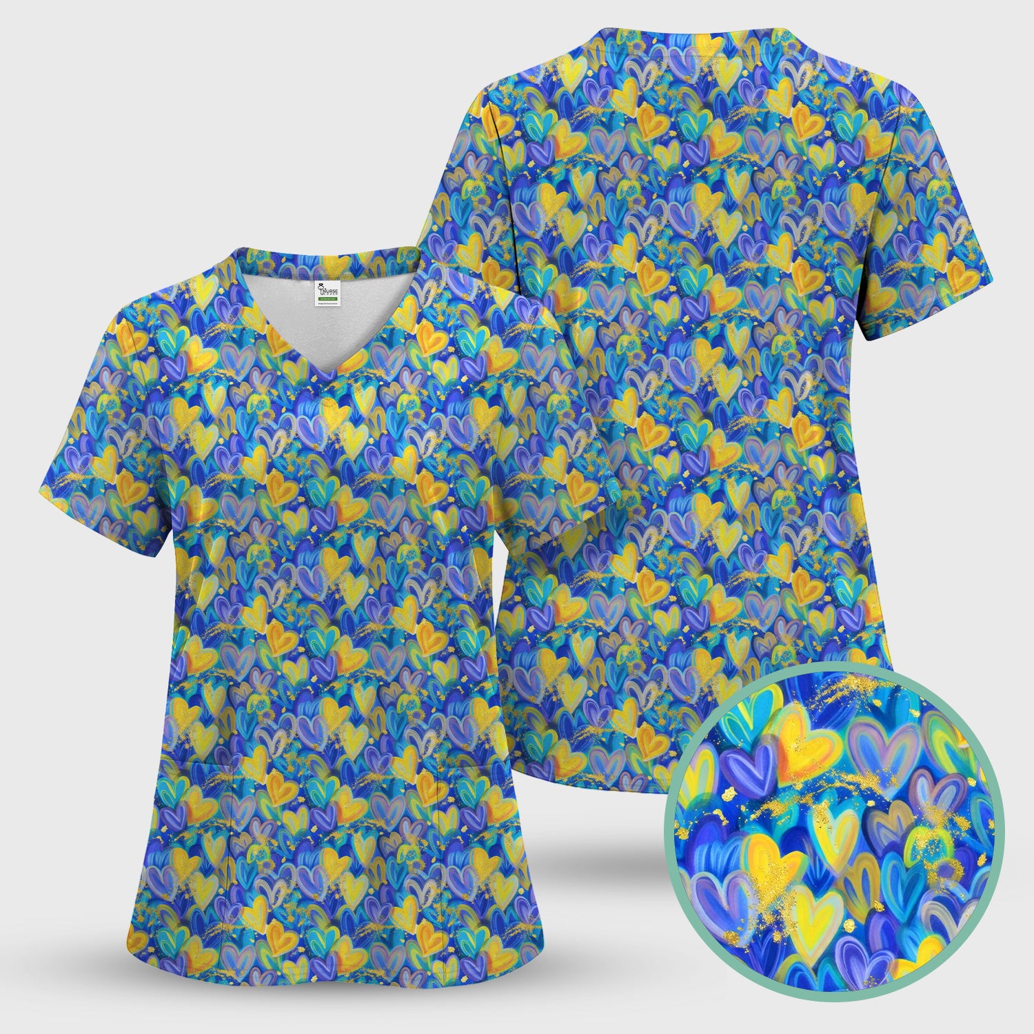 Blue and Yellow Layered Heart Gold Splatter Print Scrub Top, Artistic Scrubs for Nurses