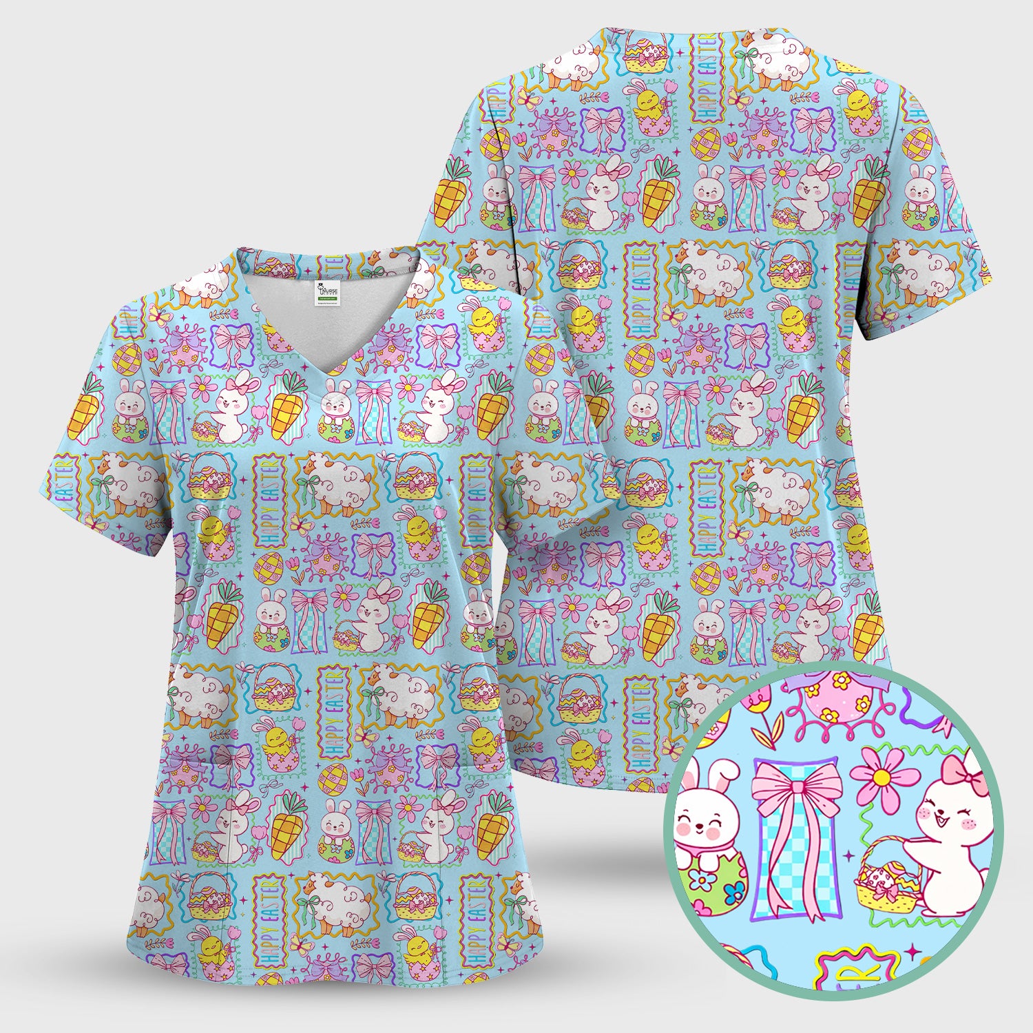 Cute Easter Bunny Egg and Bow Print Scrub Top, Breathable Fabrics Nursing Uniform