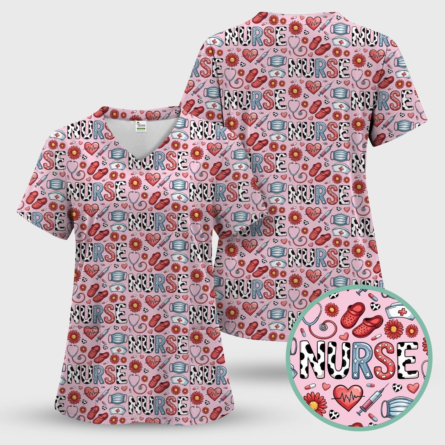 Cute Nurse Medical Icon Pattern Scrub Set, Scrub Pants and V Neck Top