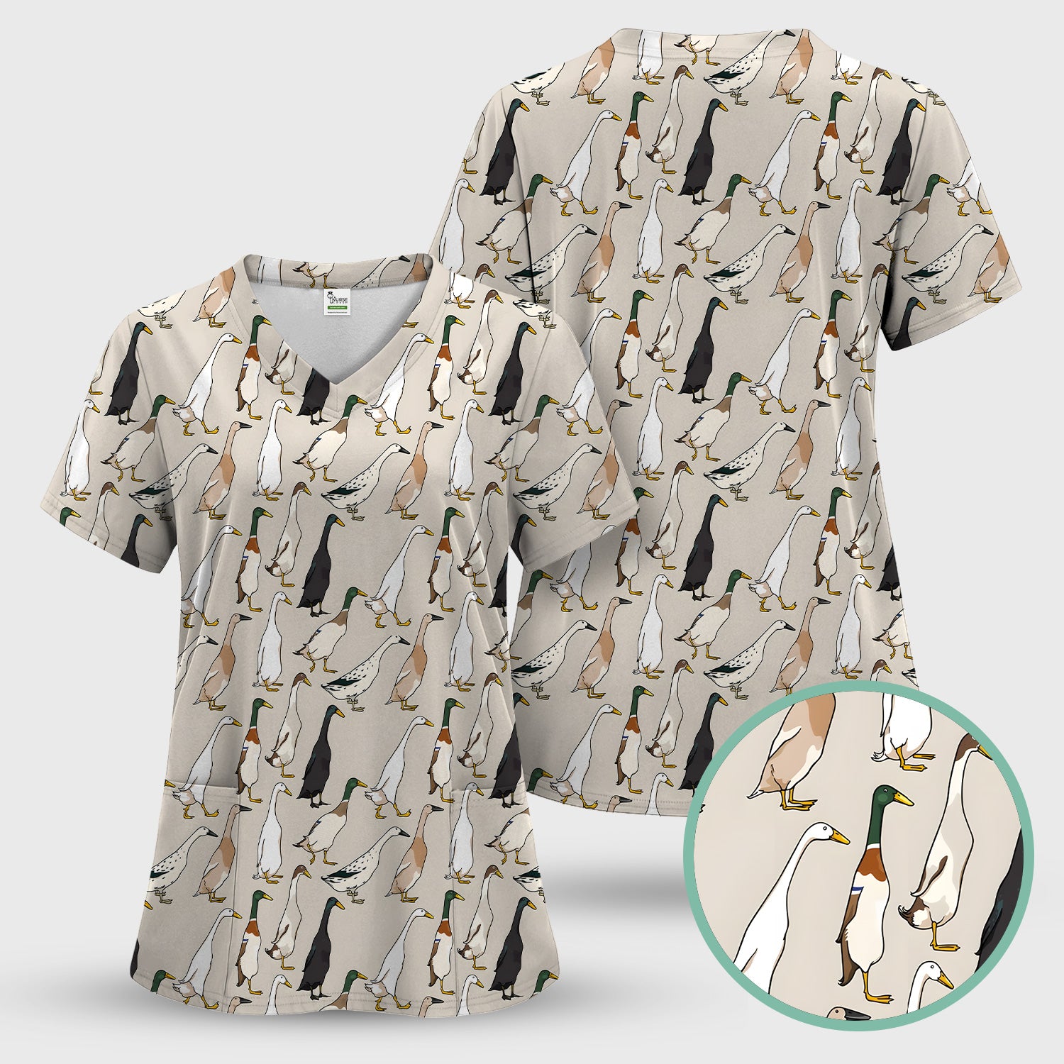 Duck Farm Animal Pattern Scrub Top Scrub Top, Breathable Fabrics Nursing Uniform