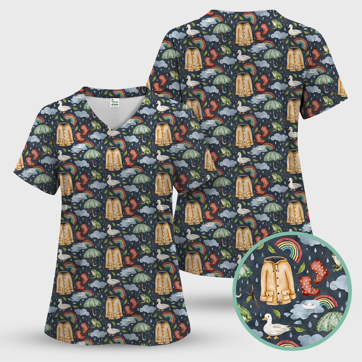 Cute Rainy Day Ducks & Frog Rainbow Pattern Scrub Top, Colorful Gothic Nurse Scrubs Uniform