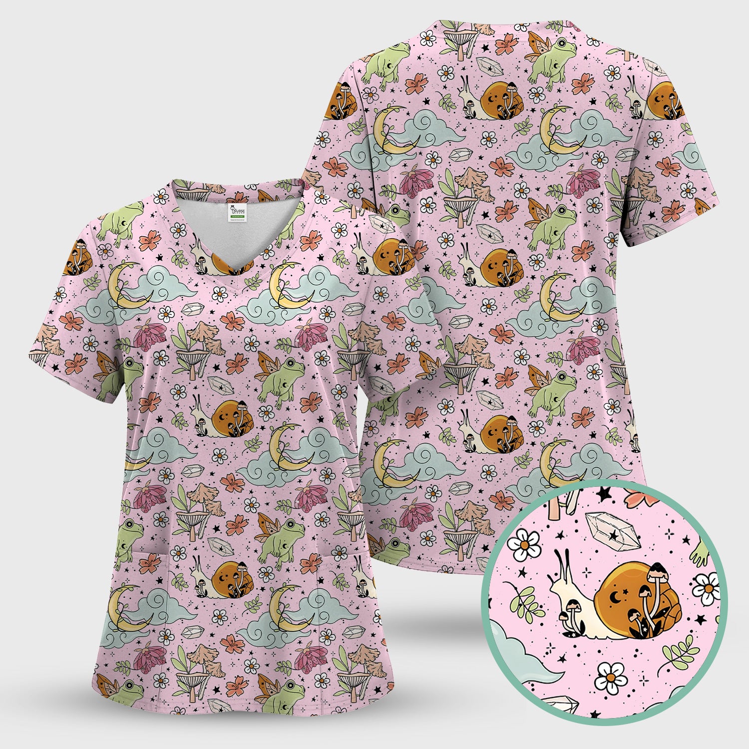 Whimsical Frog Moon Mushroom Pattern Scrub Top, Fantasy Nature Print, Breathable Fabrics Nursing Uniform