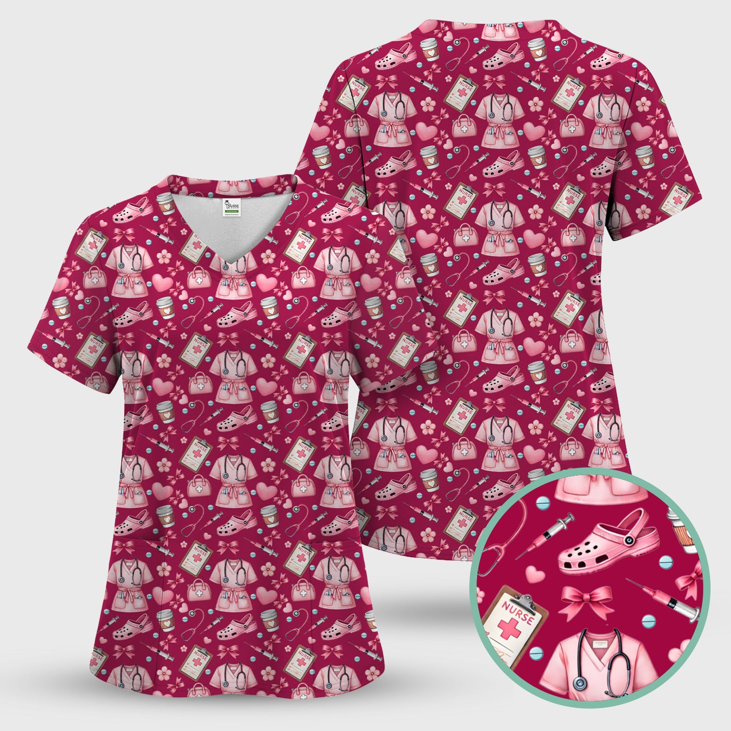 Valentine Pink Nurse Icons Print Scrub Top, Comfortable Scrubs for Nurses