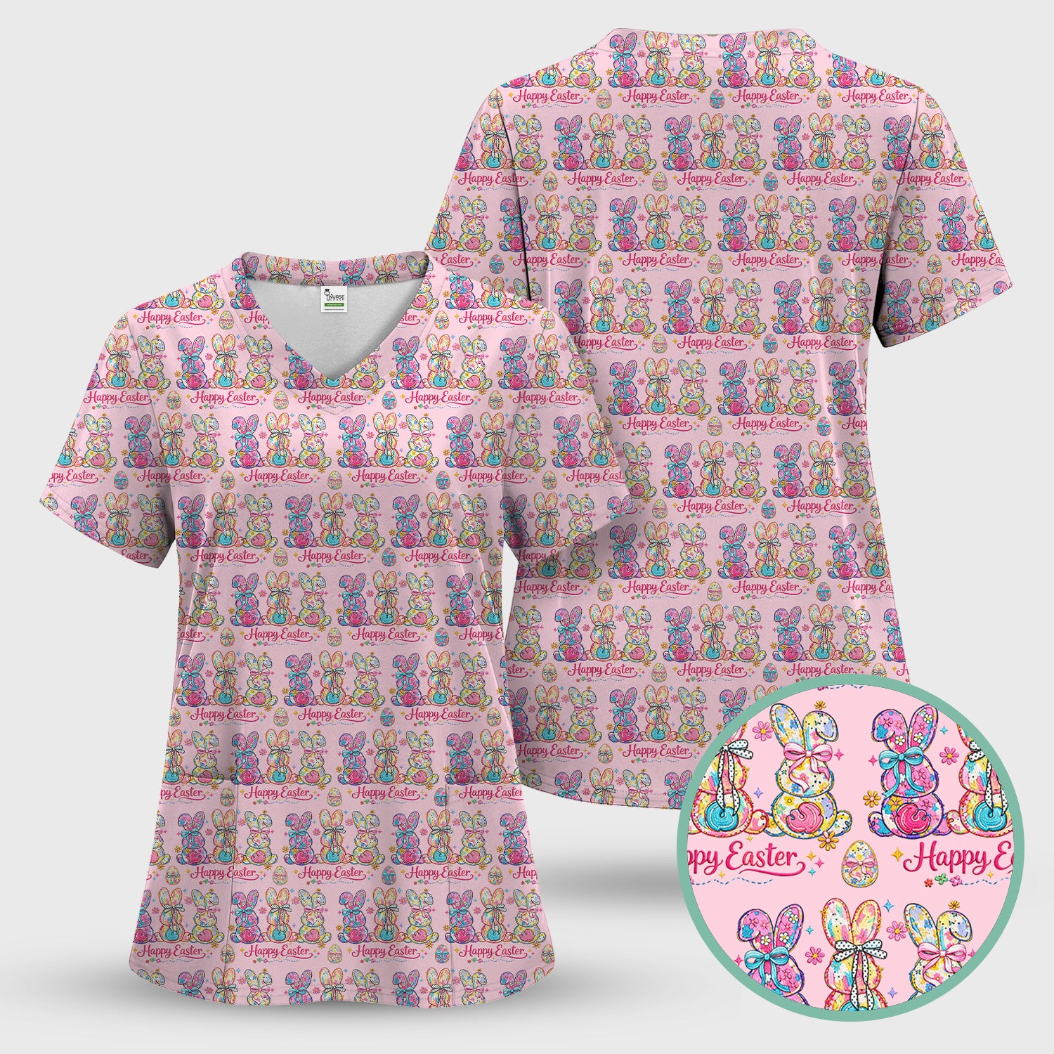 Pink Happy Easter Bunny Pattern Scrub Set, Scrub Pants and V Neck Top