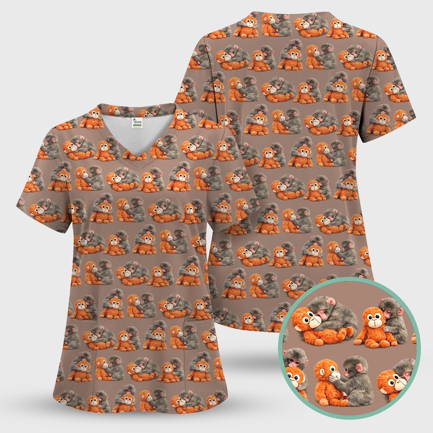 Cute Baby Monkey Plush Toy Animal Pattern Scrub Top, Breathable Medical Uniform Top