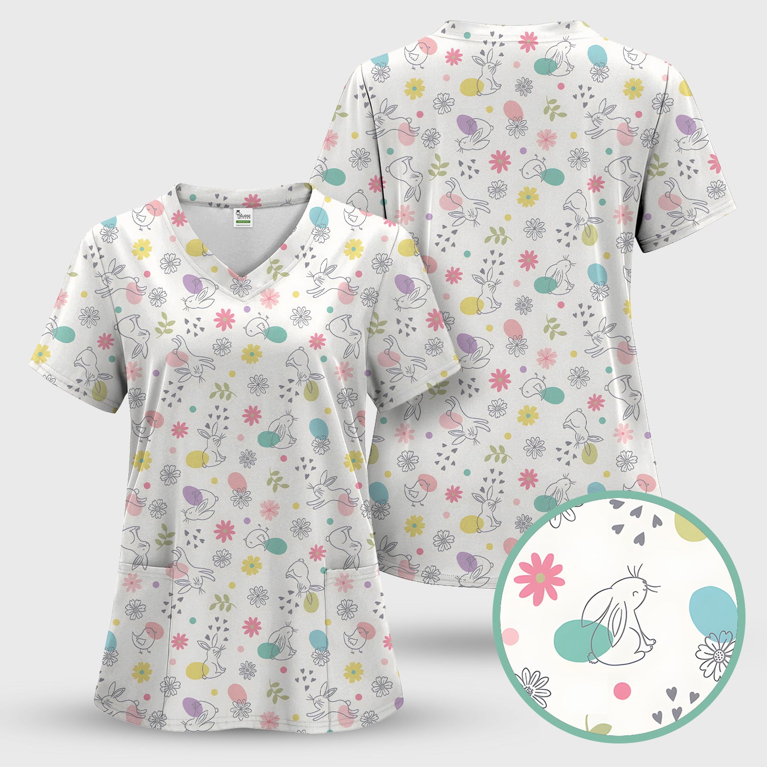 Whimsical Easter Bunny Eggs Pattern Scrub Top, Comfortable Scrubs for Nurses