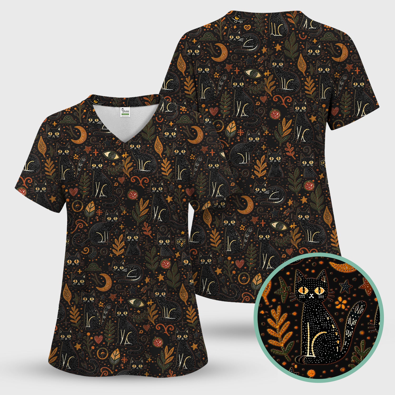 Mystic Black Cat Celestial Doodle Pattern Scrub Top, Comfortable Scrubs for Nurses