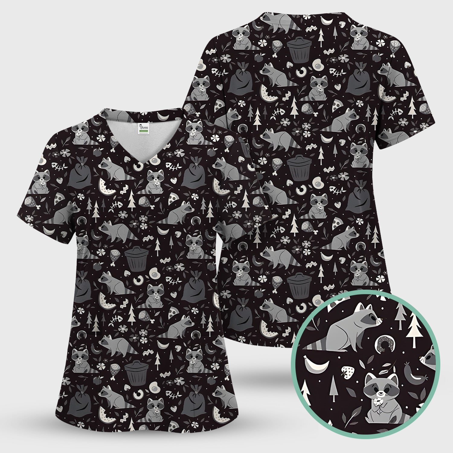 Cute Raccoon Forest Food Pattern Scrub Top, Breathable Fabrics Nursing Uniform