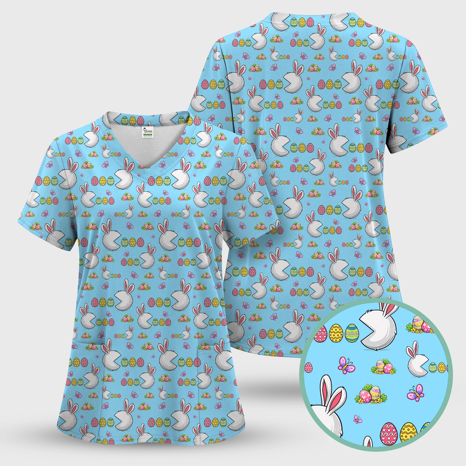 Easter Bunny and Colorful Eggs Print Scrub Top, Breathable Fabrics Nursing Uniform