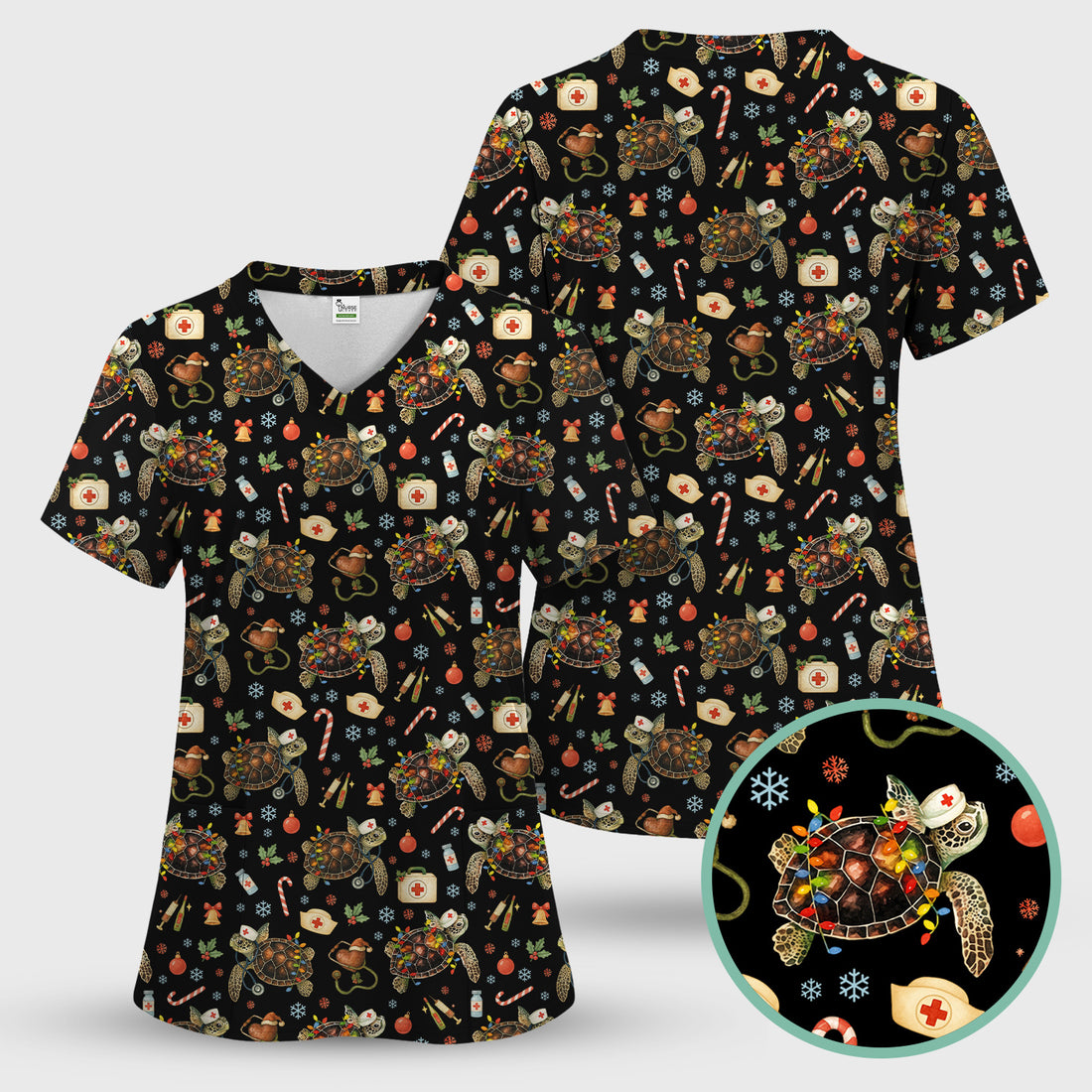 Funny Christmas Scrub Top - Sea Turtle with Xmas Lights Shirt - Holiday Nurse Scrubs for Women