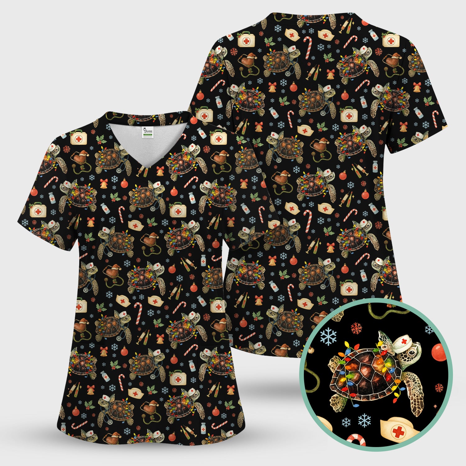 Funny Christmas Scrub Top - Sea Turtle with Xmas Lights Shirt - Holiday Nurse Scrubs for Women