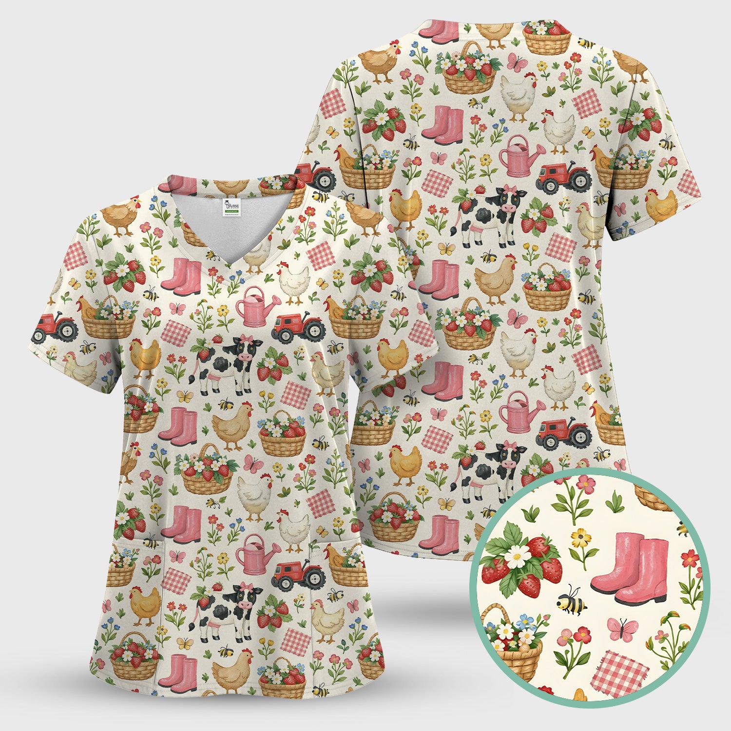 Whimsical Farm Animals Garden Pattern Scrub Top, Comfortable Scrubs for Nurses