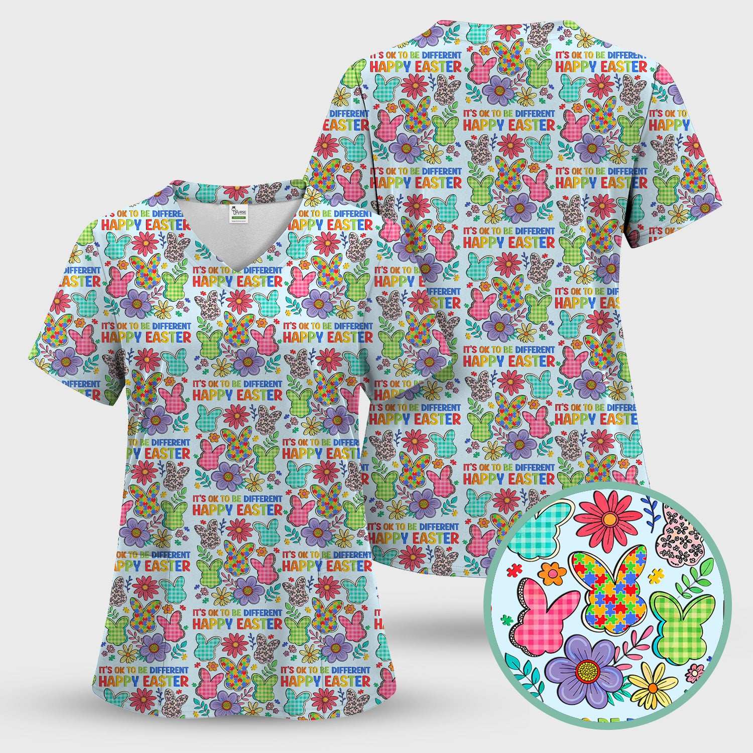 Happy Easter Bunny Floral Print Scrub Top, Breathable Fabrics Nursing Uniform