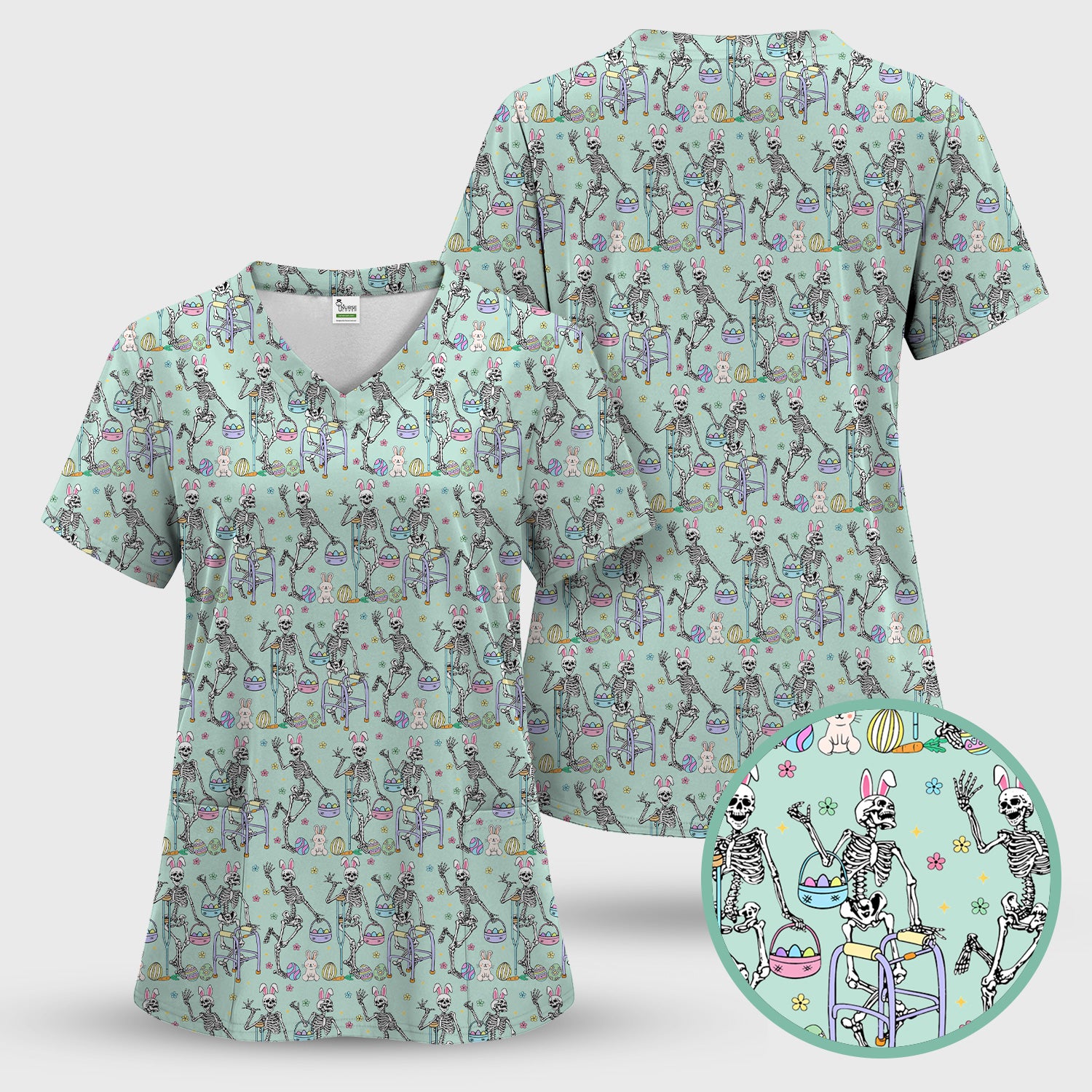 Fun Skeleton Bunny Easter Print Scrub Top, Comfortable Scrubs for Nurses