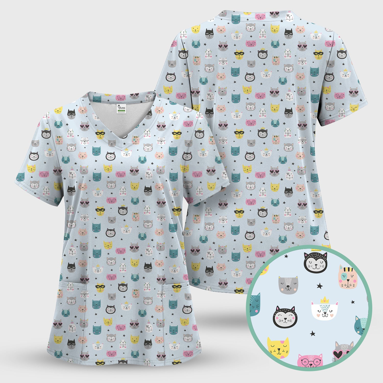 Cute Colorful Cat Pattern Scrub Top, Comfortable Scrubs for Nurses