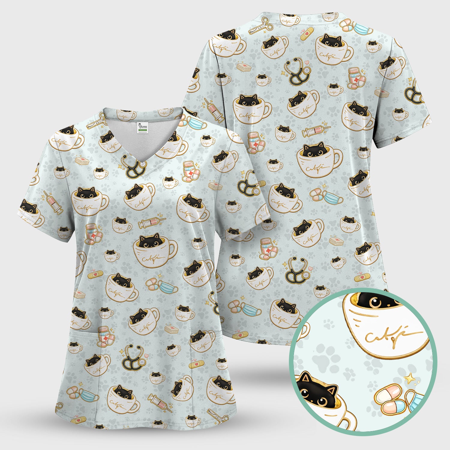 Cute Coffee Cat Medical Print Scrub Top, Breathable Fabrics Nursing Uniform
