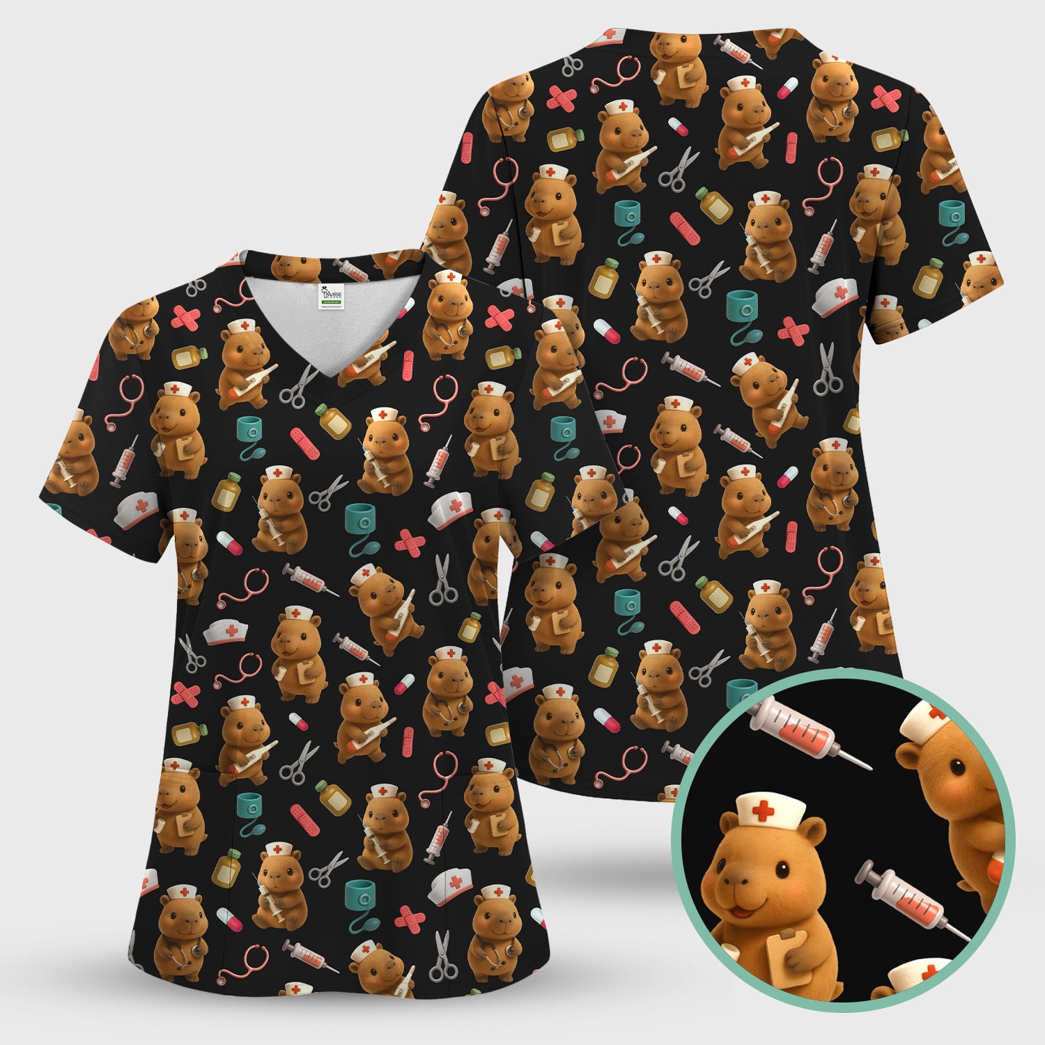 Funny Bear Scrub Top for Women - Nurse Hat and Syringe Pattern Medical Scrubs - Cute Teddy Nurse Shirt Gift for RN CNA LPN