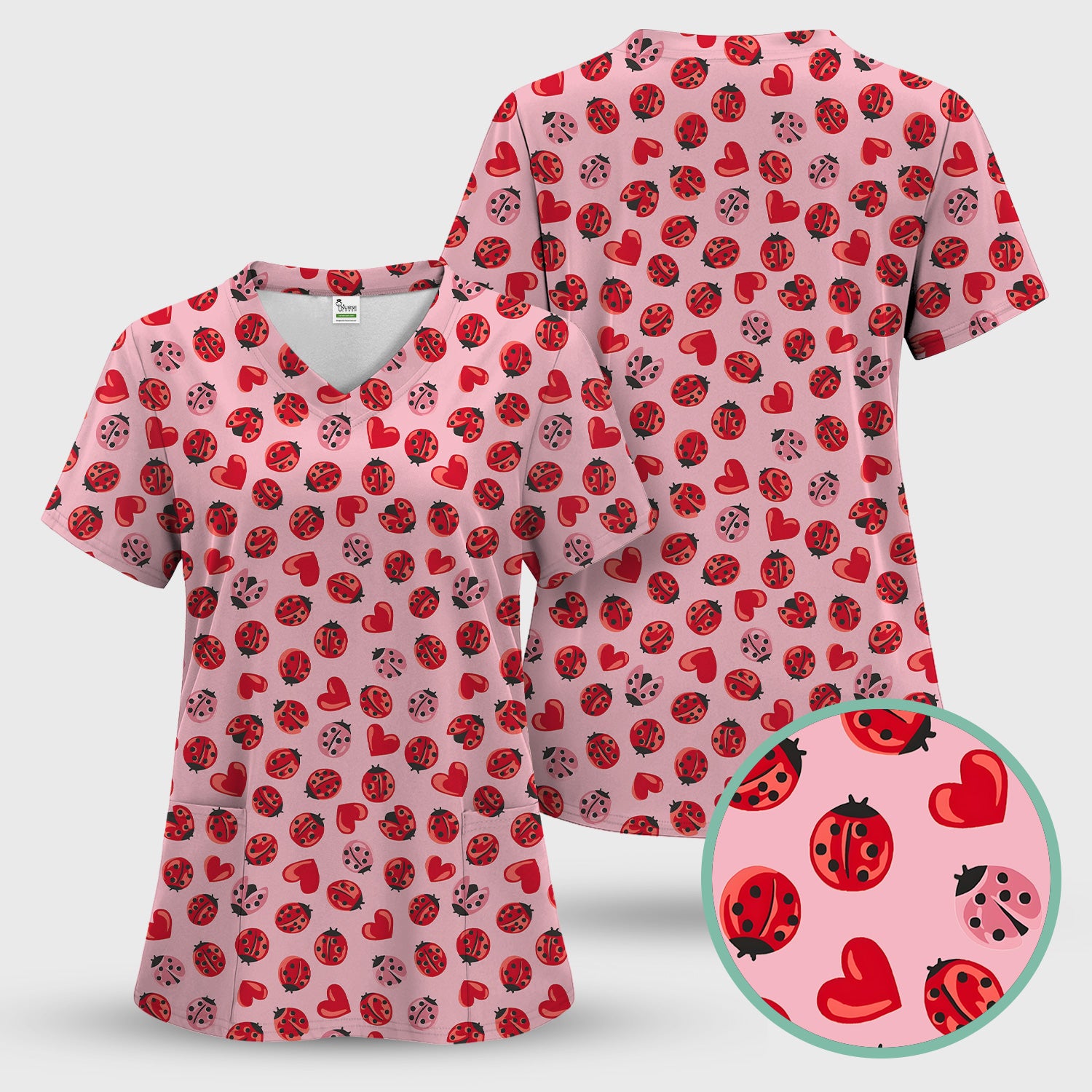 Cute Ladybug and Red Heart All Over Print Scrub Top, Comfortable Scrubs for Nurses