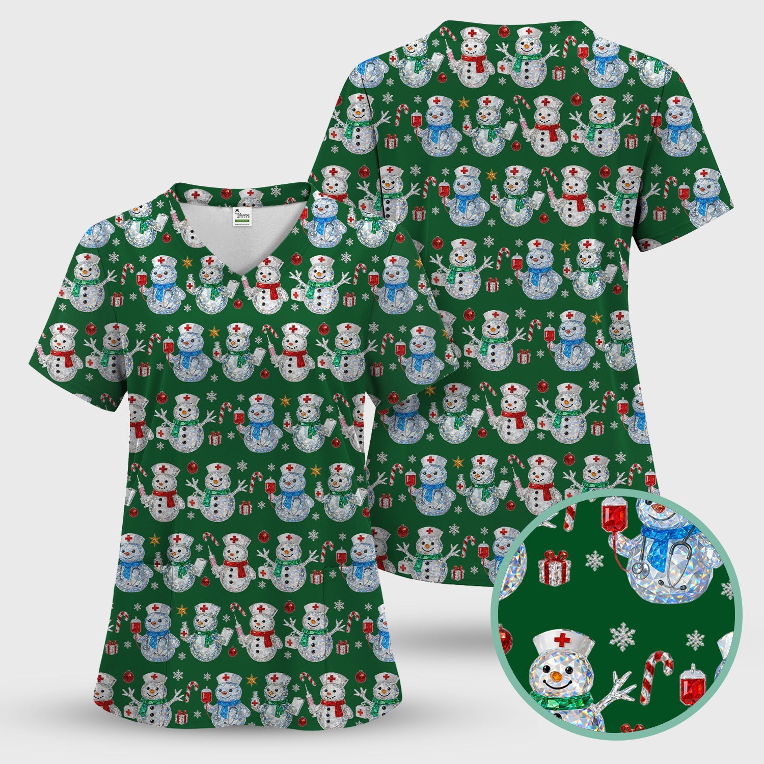 Nurse Snowman Christmas Scrub Top, Cute Holiday Medical Pattern Shirt For Women, Winter Snowflake Nursing Uniform