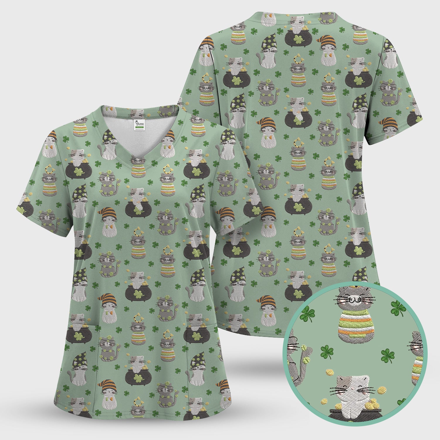 St. Patrick’s Day Scrub Top, Lucky Cat With Shamrock Pattern Shirt, Breathable Fabrics Nursing Uniform