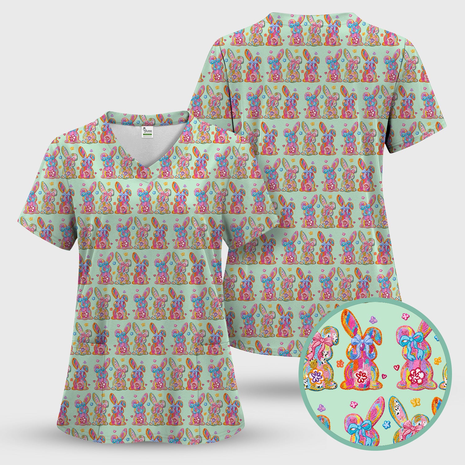 Cute Pastel Bunny Floral Pattern Scrub Top, Comfortable Scrubs for Nurses, Easter