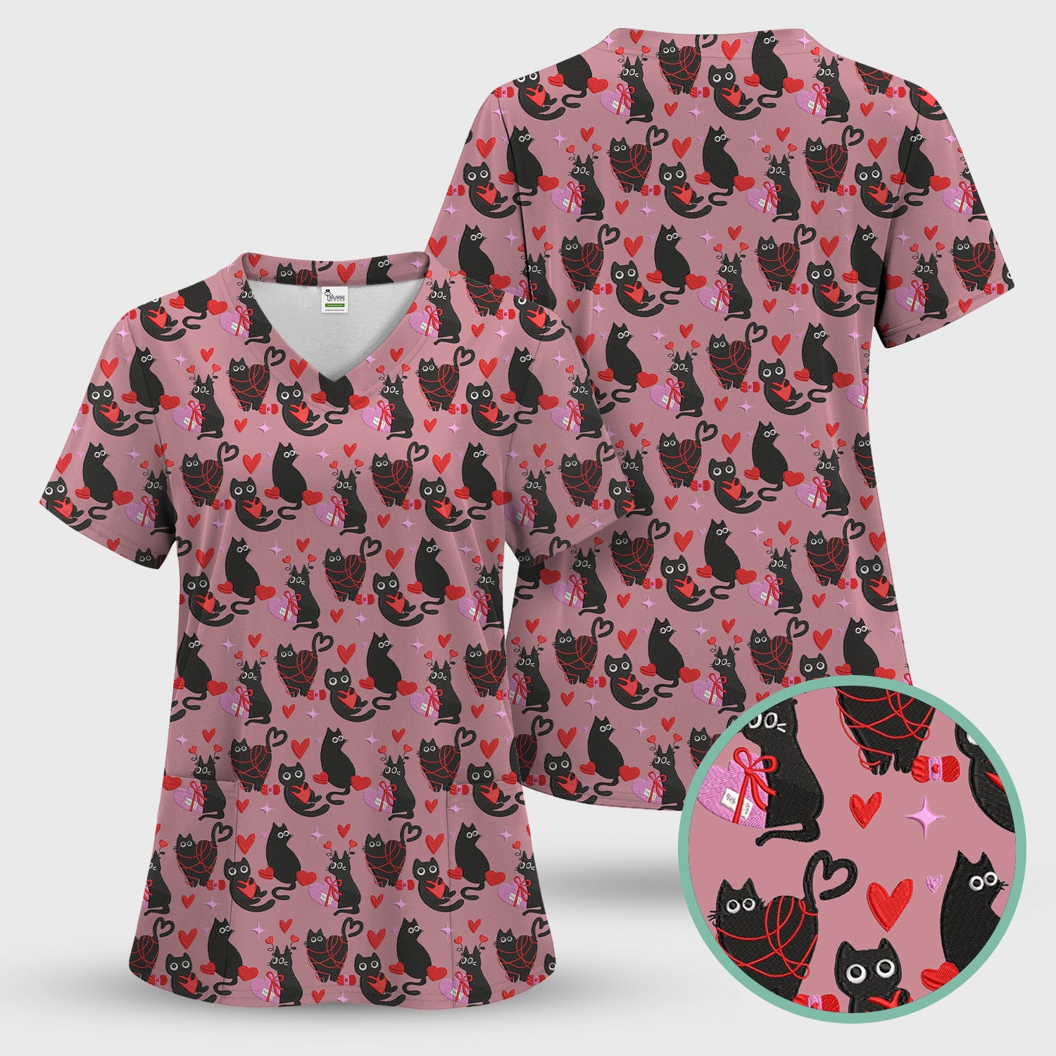 Valentine’s Day Scrub Set, Cute Black Cat With Heart Pattern Nurse Shirt, Breathable Fabrics Nursing Uniform